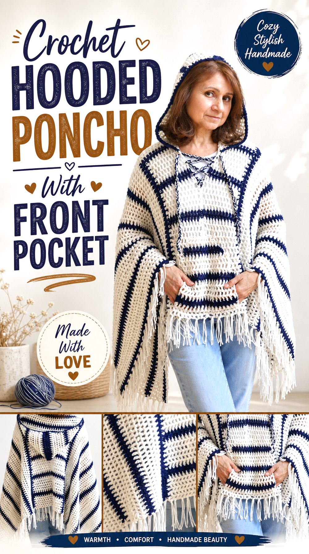 Crochet Hooded Poncho With Front Pocket