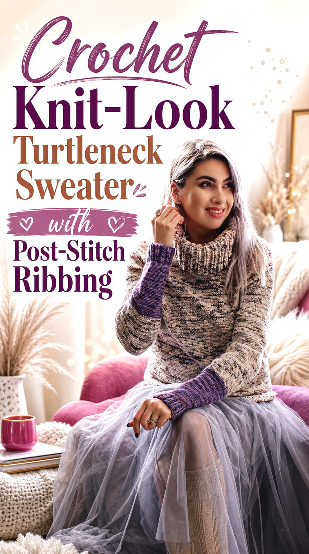 Crochet Knit Look Turtleneck Sweater with Post Stitch Ribbing