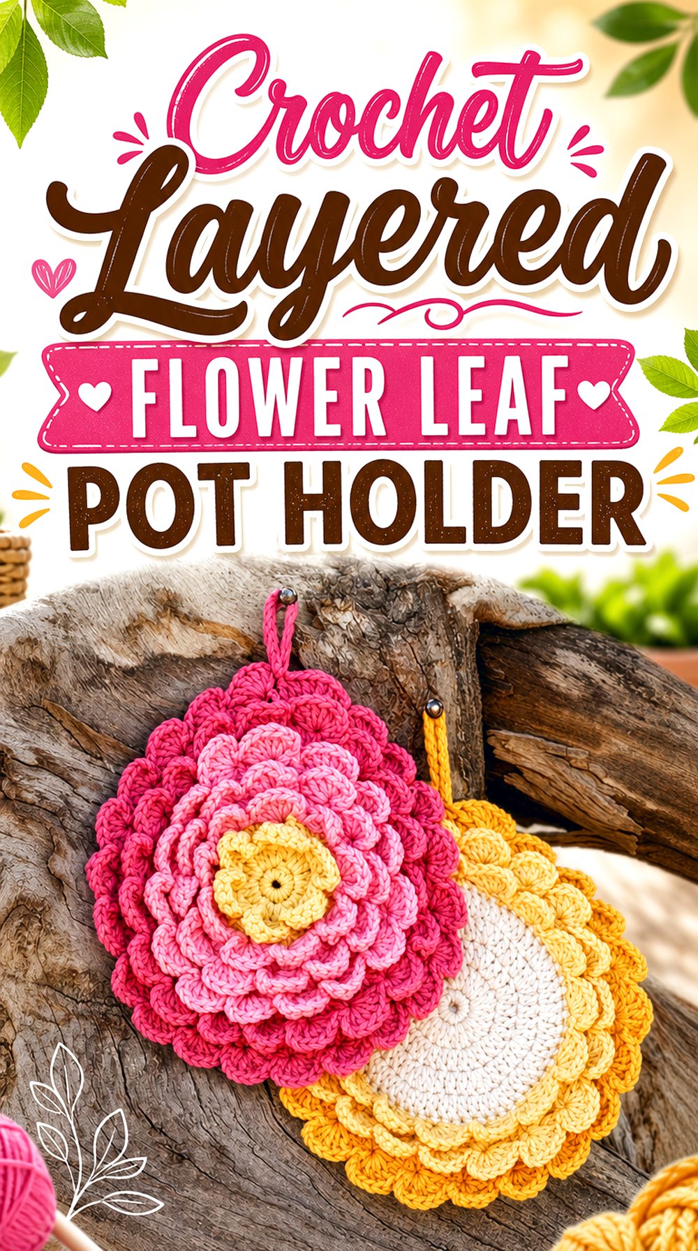 Crochet Layered Flower Leaf Pot Holder