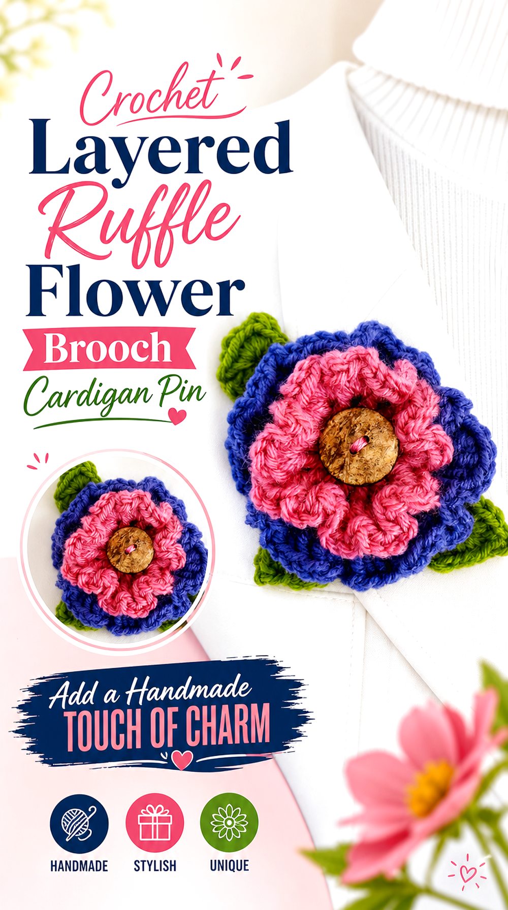 Crochet Layered Ruffle Flower Brooch Cardigan Pin