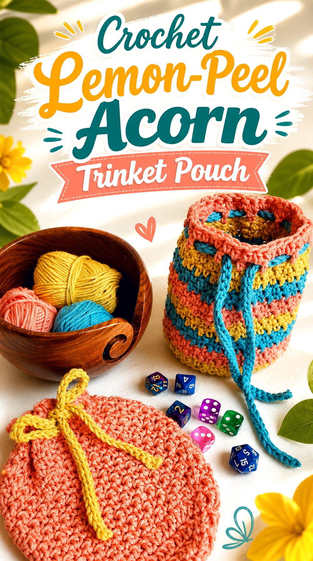 Crochet Lemon Peel Acorn Trinket Pouch