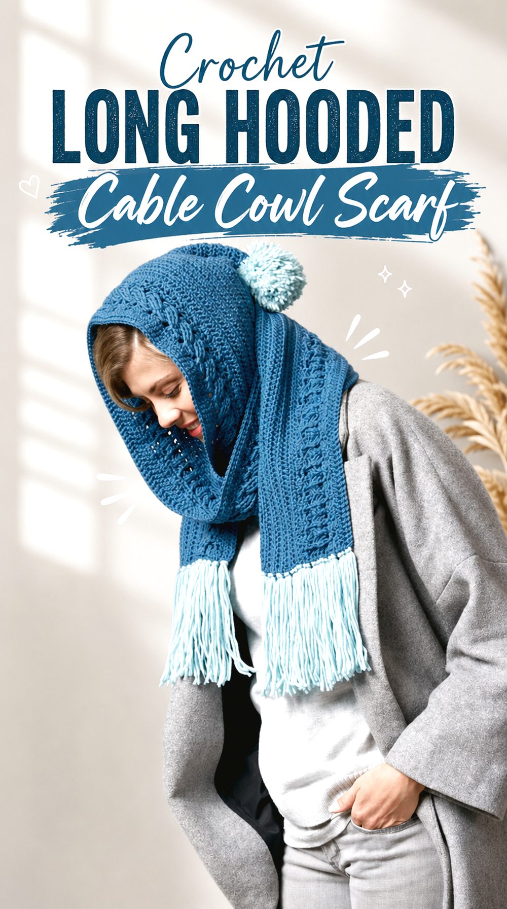 Crochet Long Hooded Cable Cowl Scarf