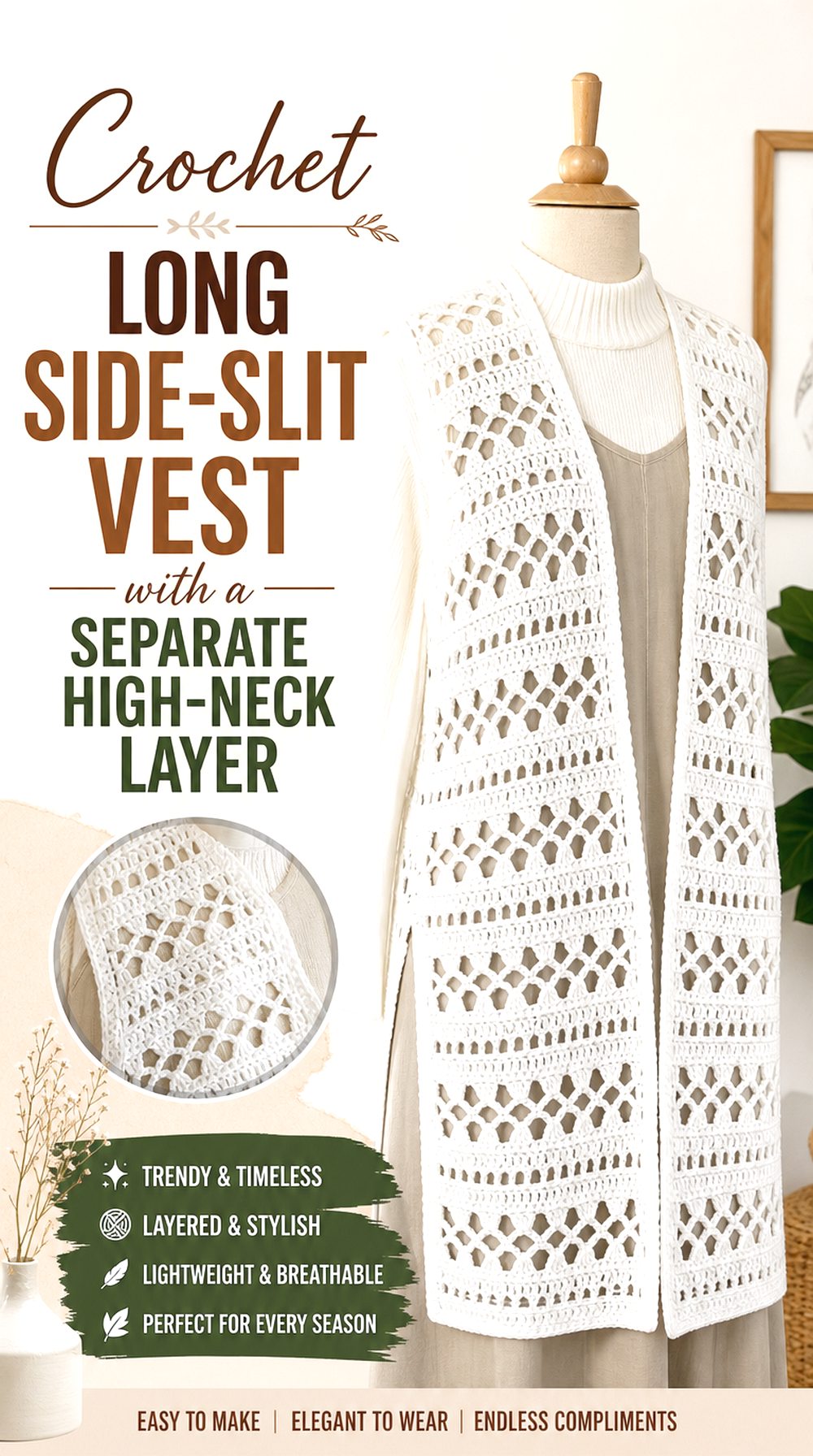 Crochet Long Side Slit Vest with a Separate High Neck Layer