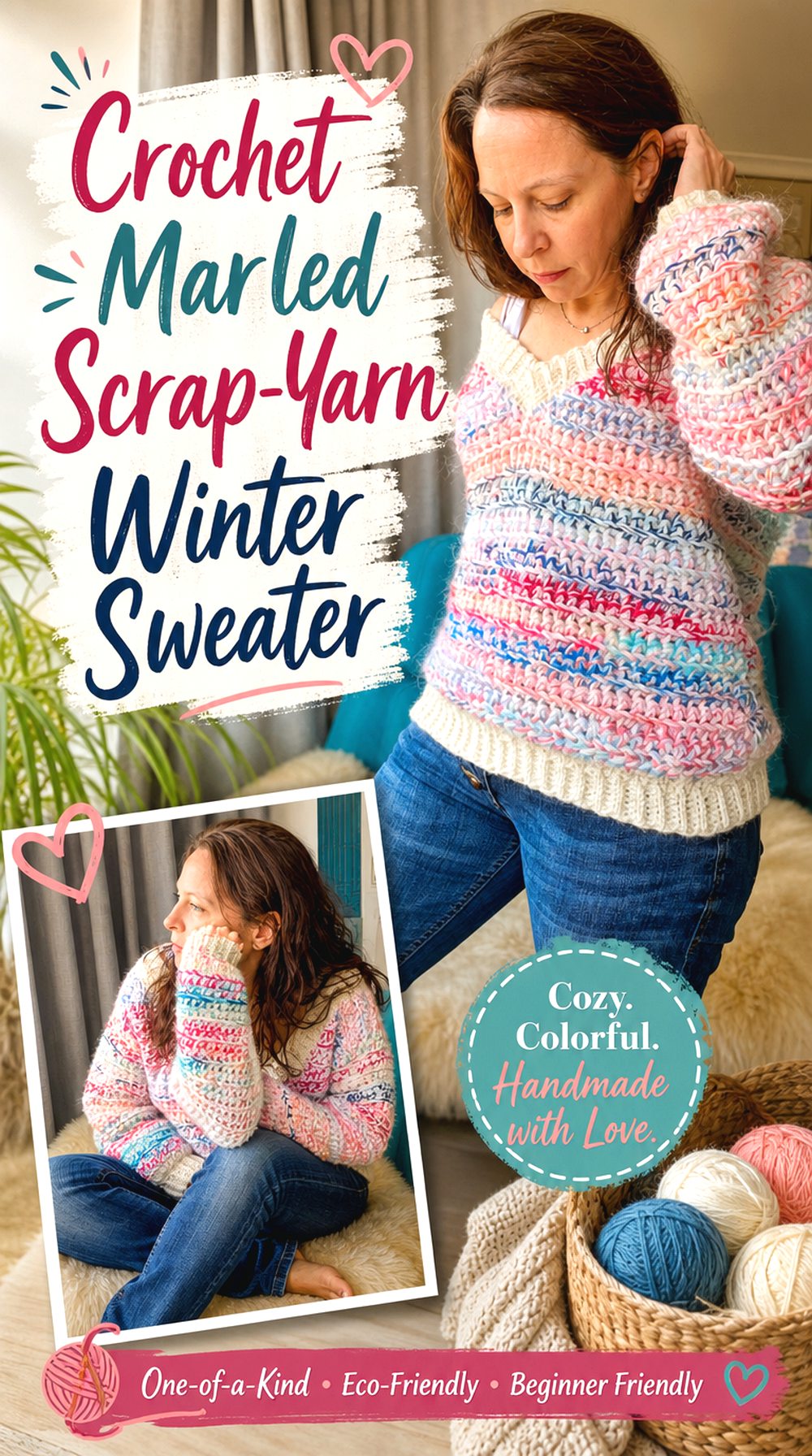 Crochet Marled Scrap Yarn Winter Sweater