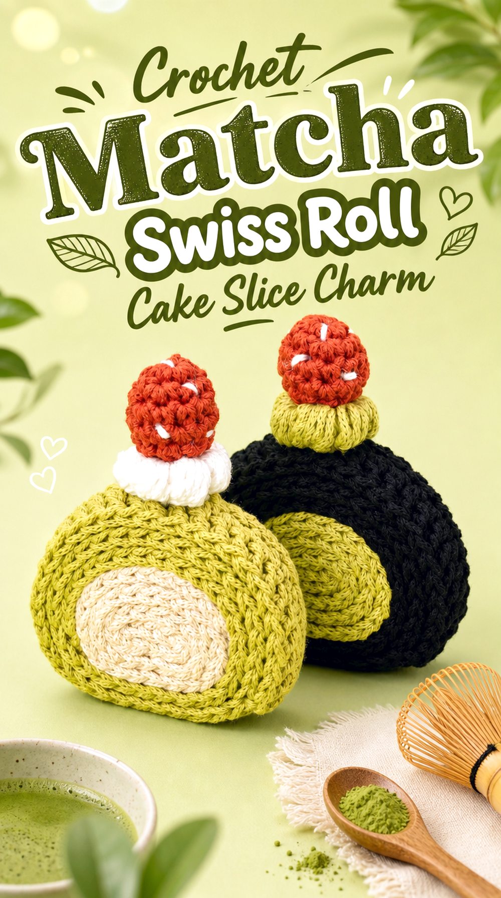 Crochet Matcha Swiss Roll Cake Slice Charm