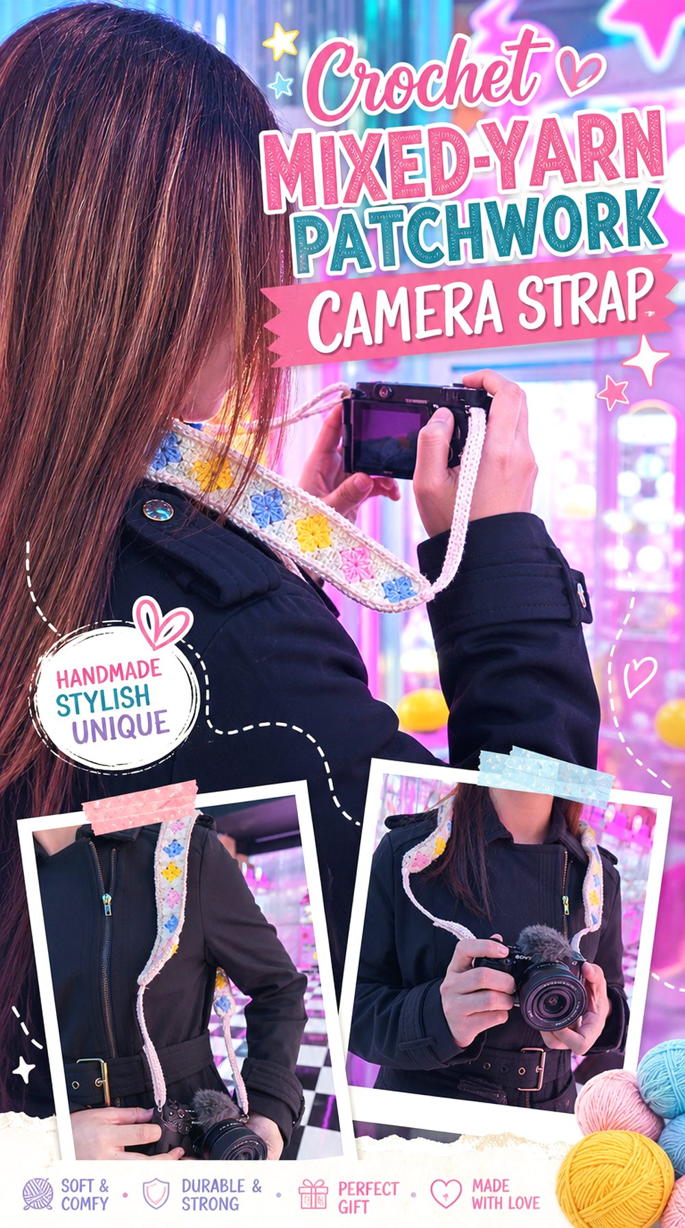 Crochet Mixed Yarn Patchwork Camera Strap