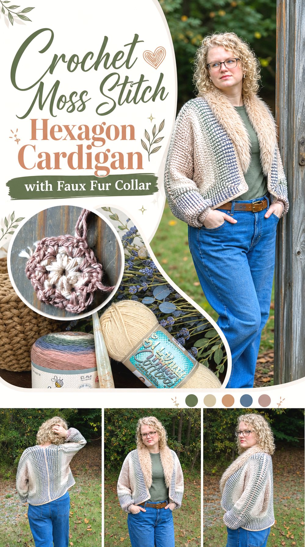Crochet Moss Stitch Hexagon Cardigan with Faux Fur Collar