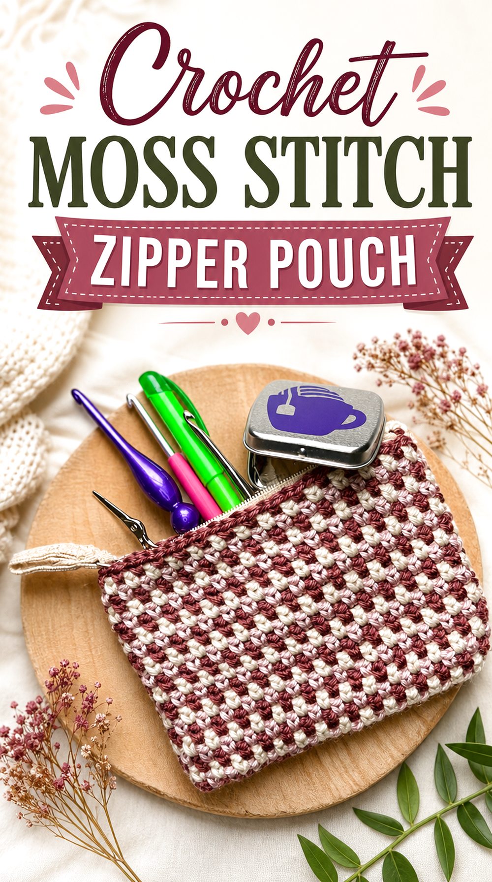 Crochet Moss Stitch Zipper Pouch