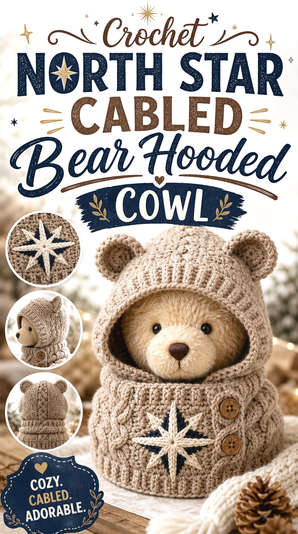 Crochet North Star Cabled Bear Hooded Cowl