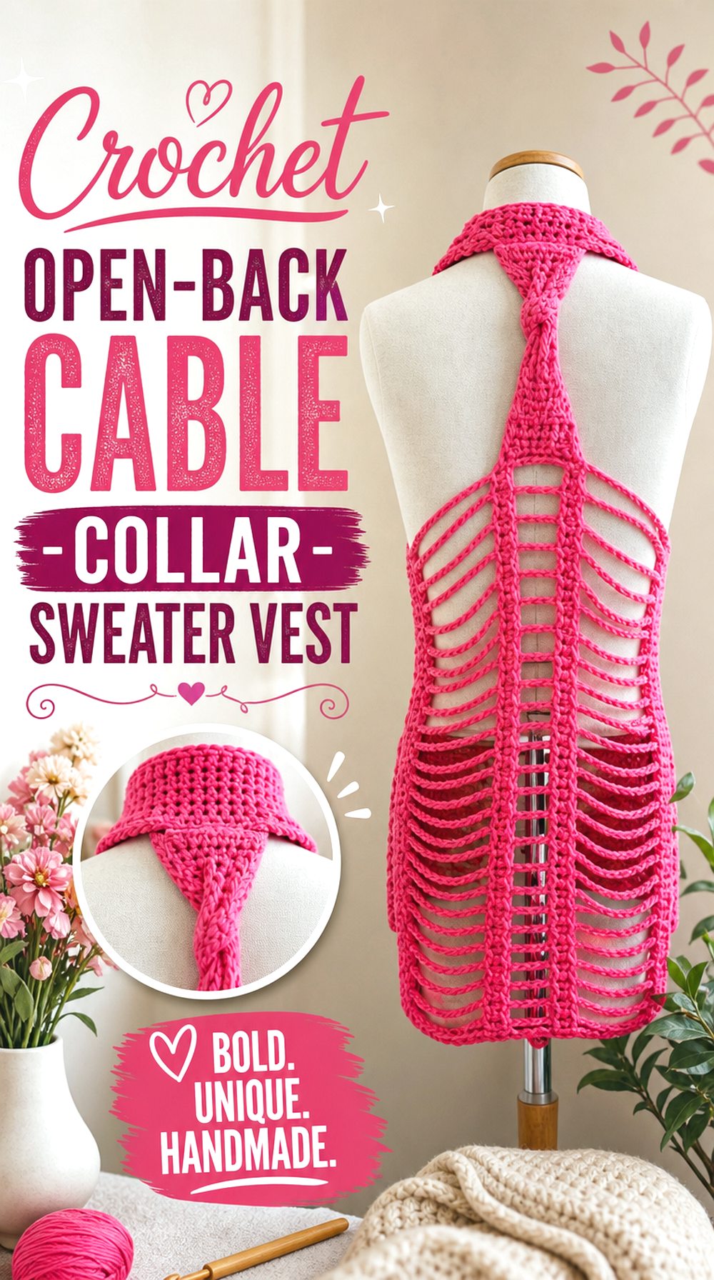 Crochet Open Back Cable Collar Sweater Vest
