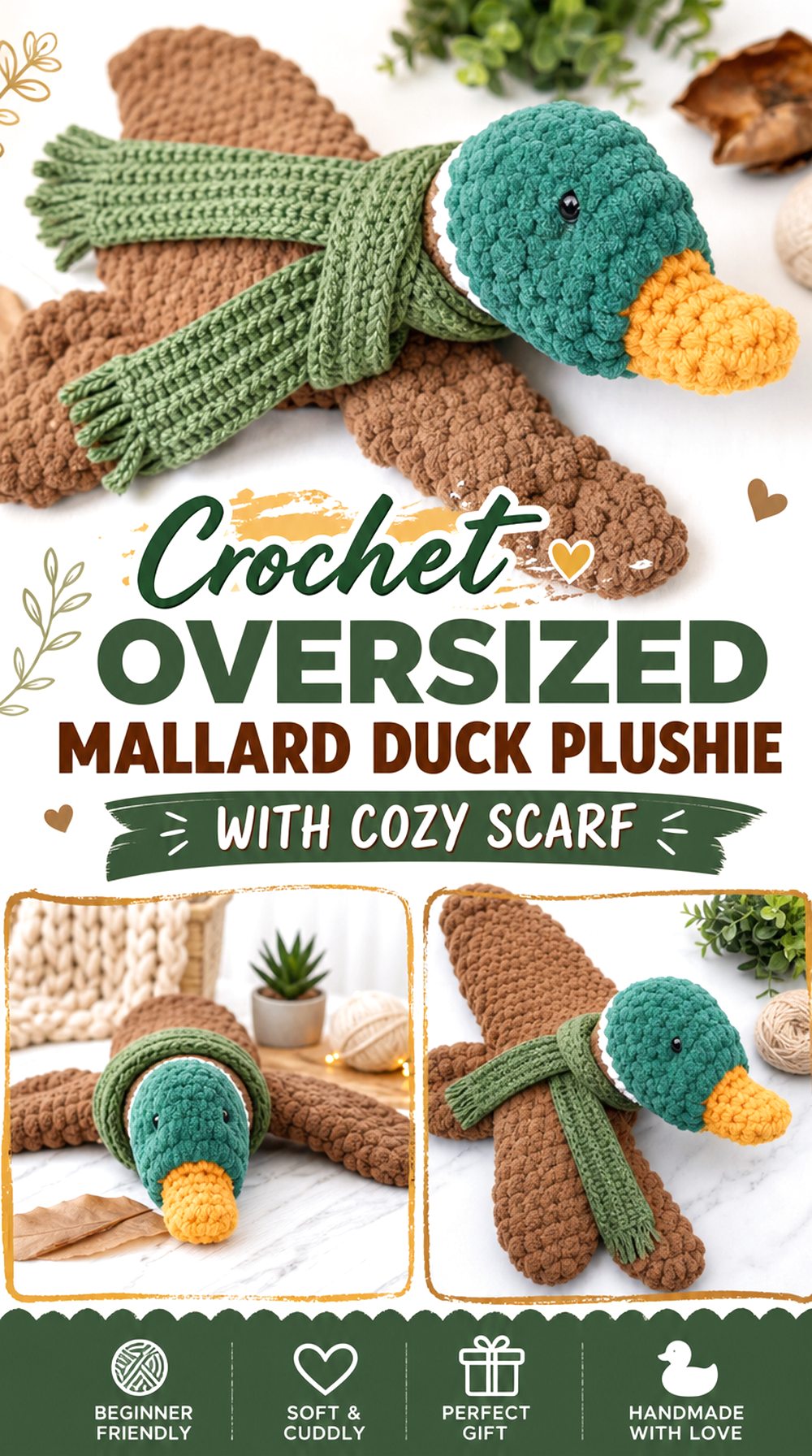 Crochet Oversized Mallard Duck Plushie with Cozy Scarf