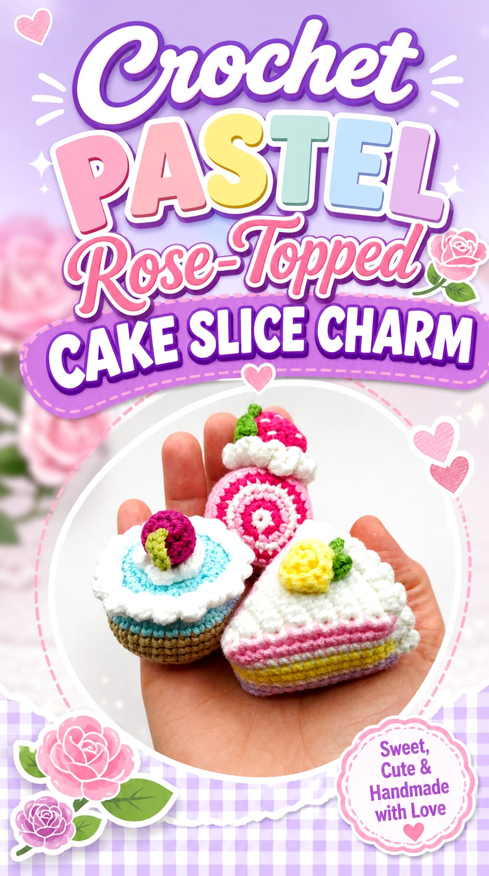 Crochet Pastel Rose Topped Cake Slice Charm