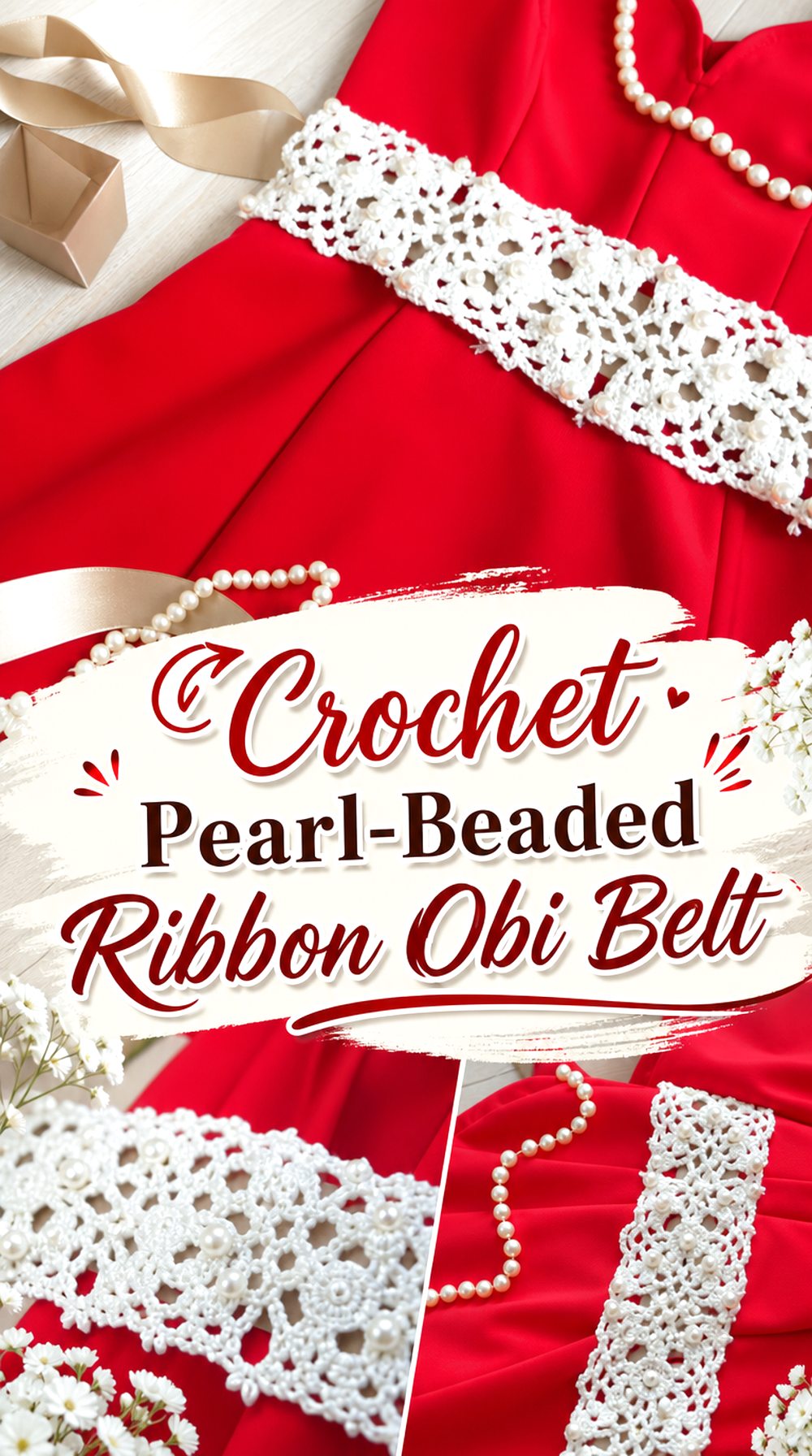 Crochet Pearl Beaded Ribbon Obi Belt