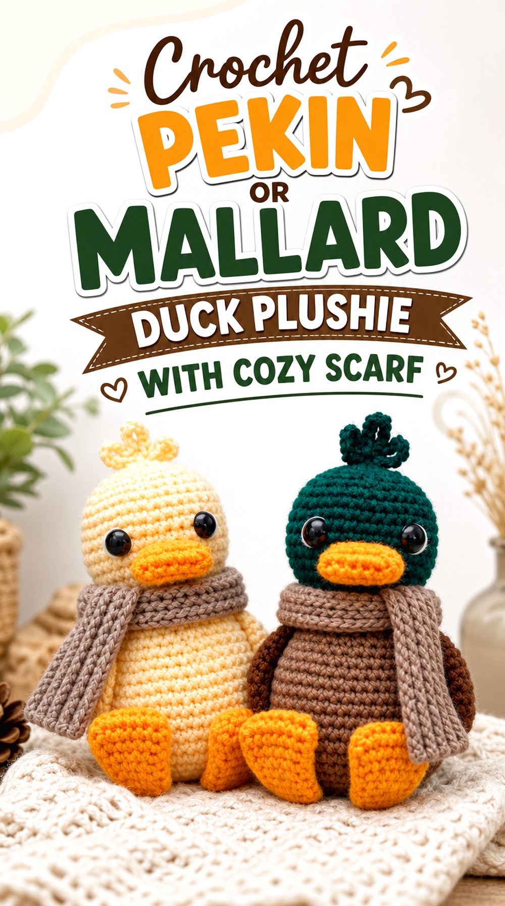 Crochet Pekin or Mallard Duck Plushie with Cozy Scarf