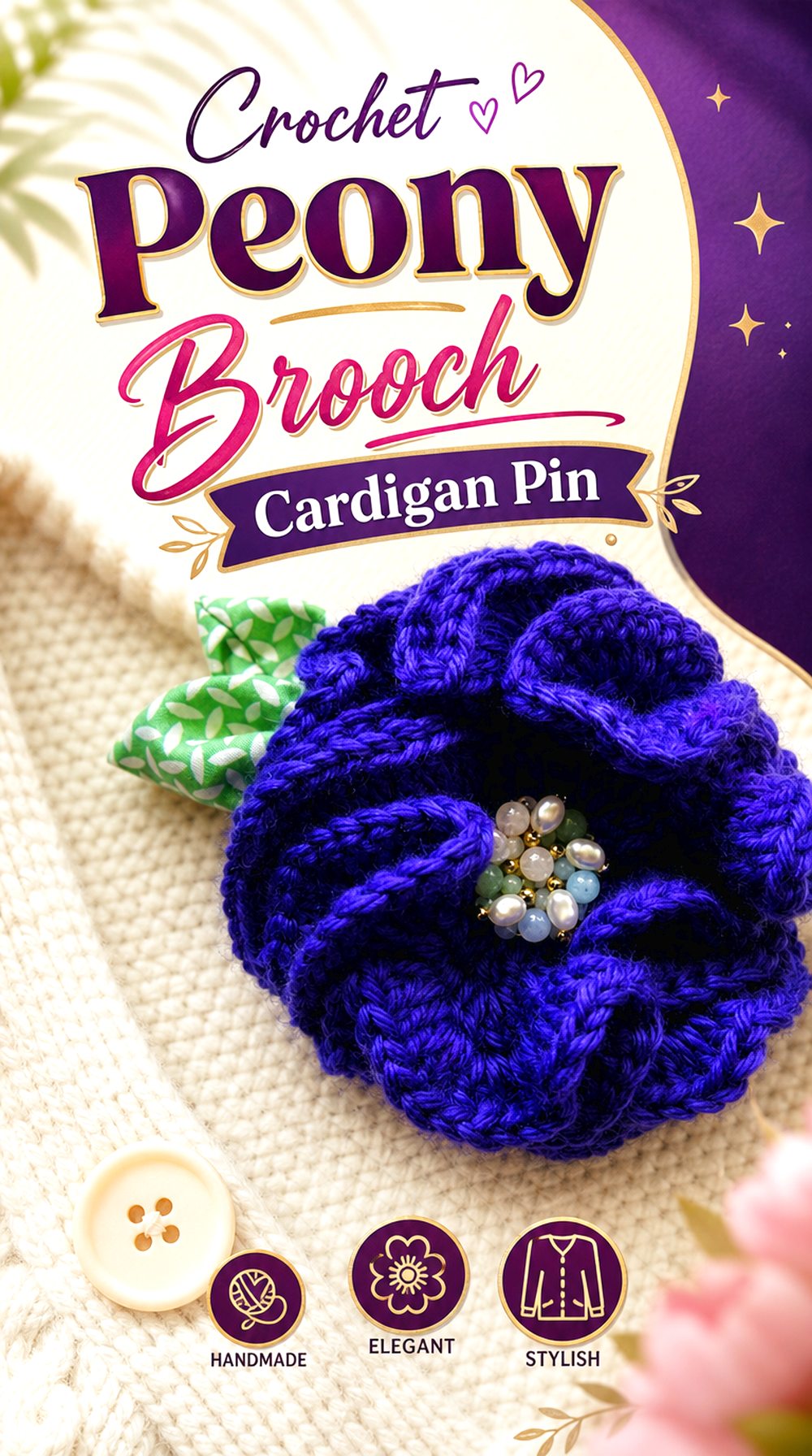 Crochet Peony Brooch Cardigan Pin