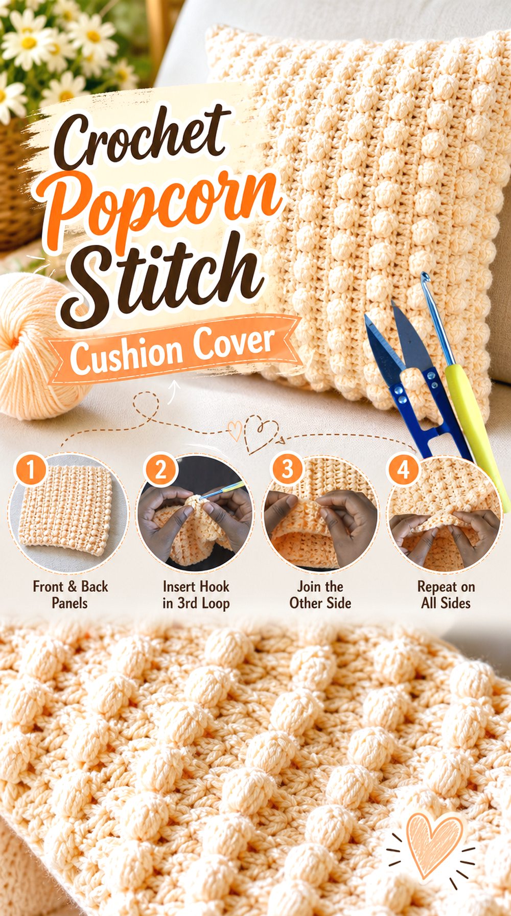 Crochet Popcorn Stitch Cushion Cover