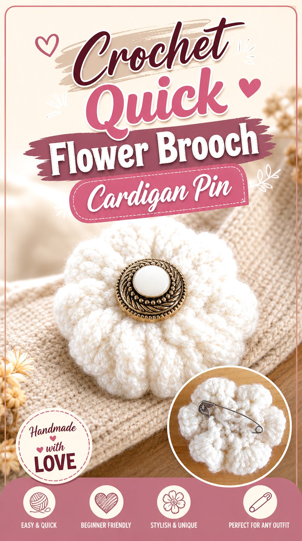 Crochet Quick Flower Brooch Cardigan Pin