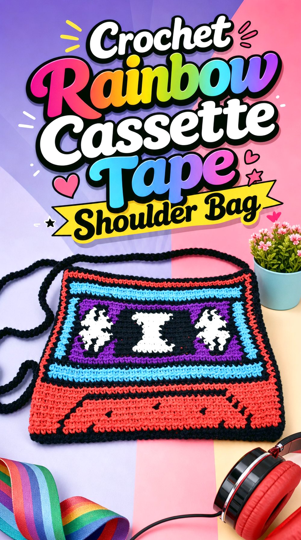 Crochet Rainbow Cassette Tape Shoulder Bag