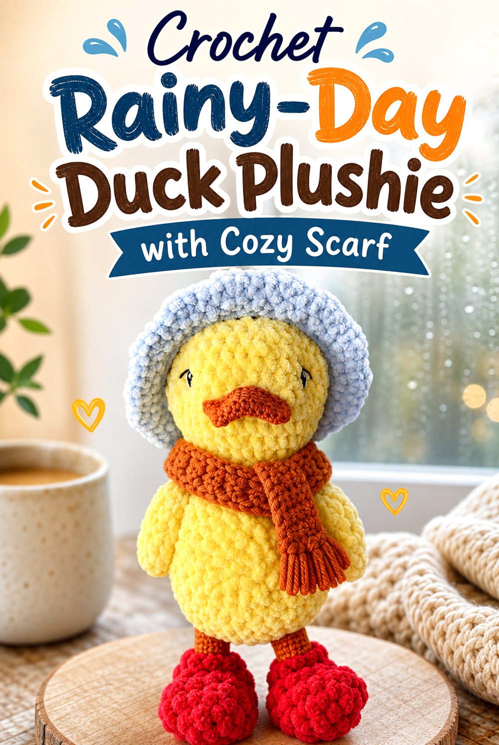 Crochet Rainy Day Duck Plushie with Cozy Scarf