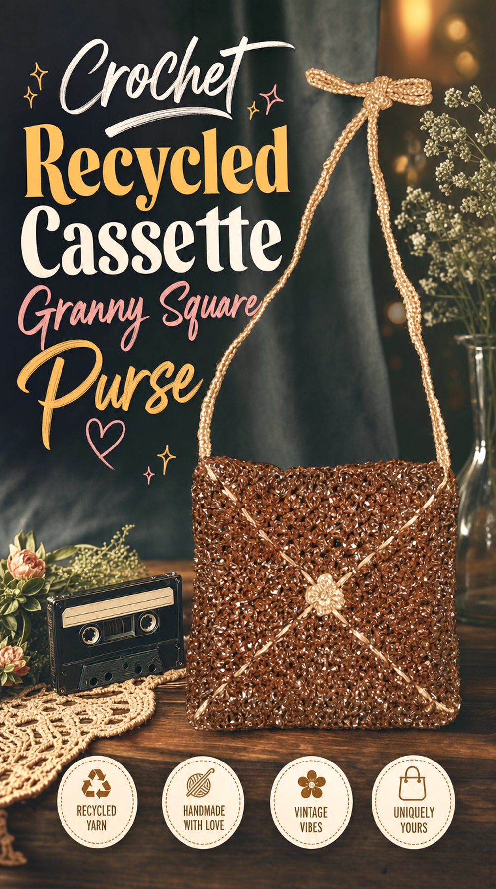 Crochet Recycled Cassette Granny Square Purse