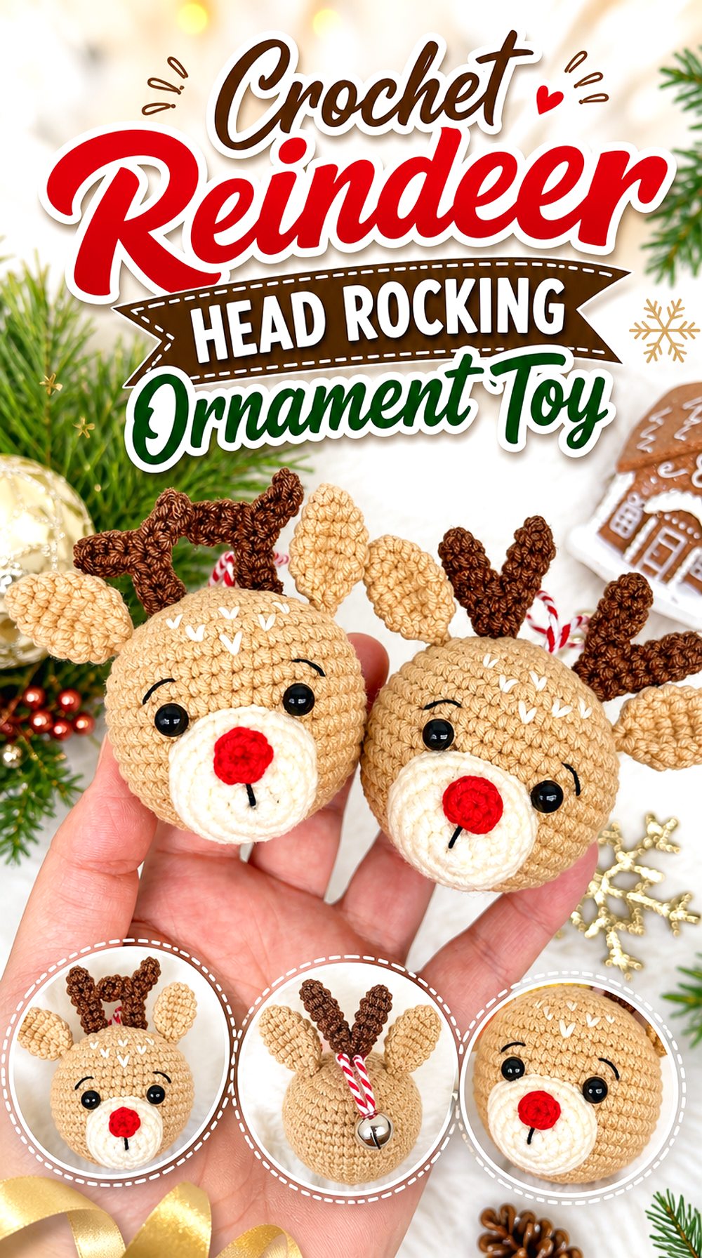 Crochet Reindeer Head Rocking Ornament Toy