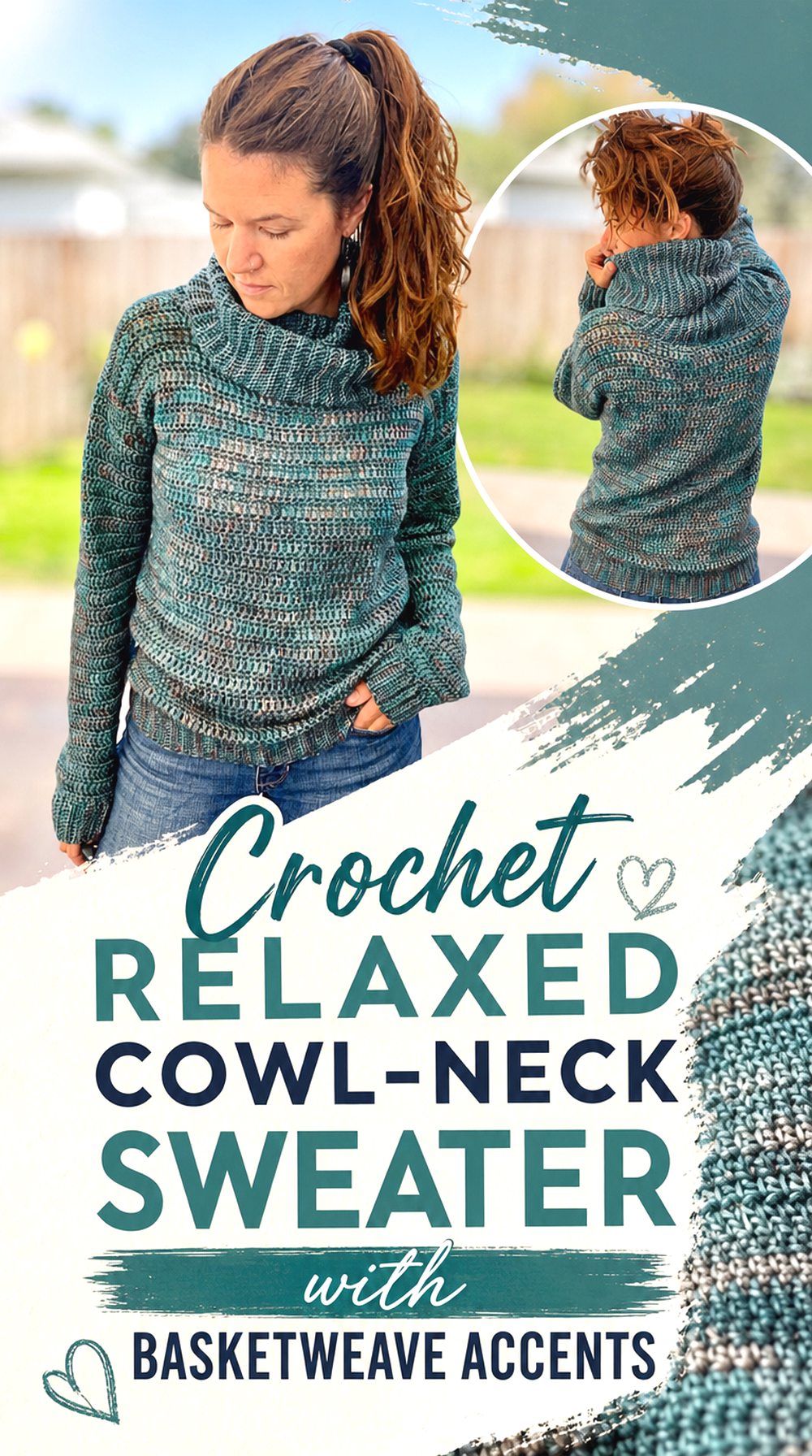Crochet Relaxed Cowl Neck Sweater with Basketweave Accents