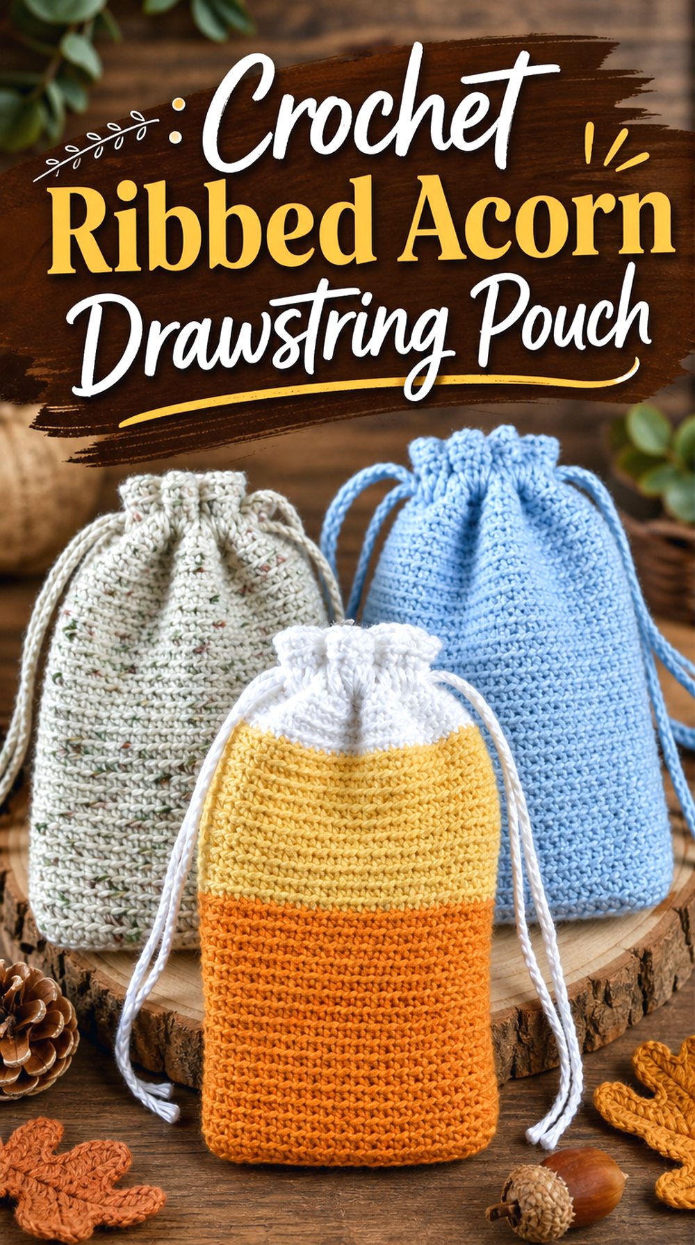 Crochet Ribbed Acorn Drawstring Pouch