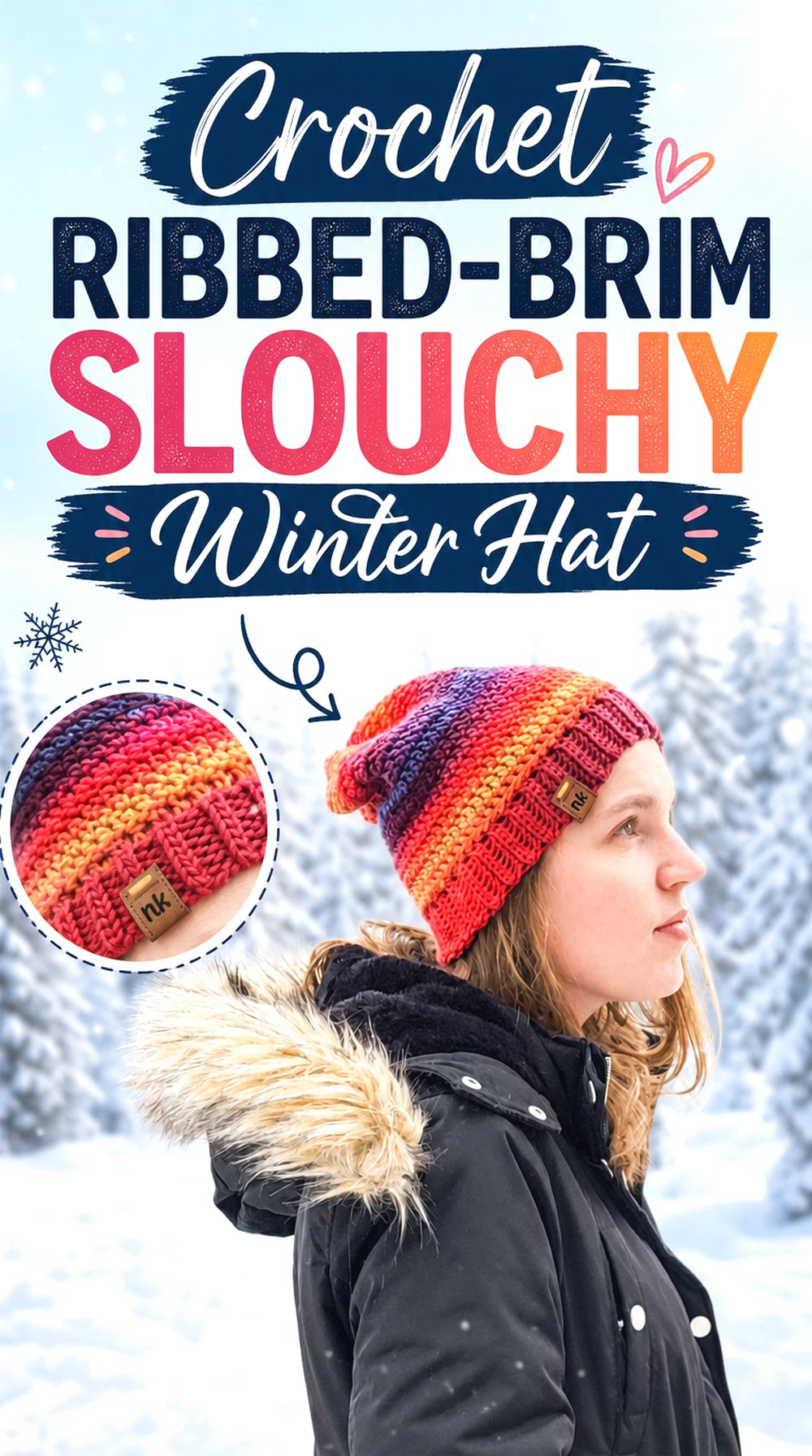 Crochet Ribbed Brim Slouchy Winter Hat