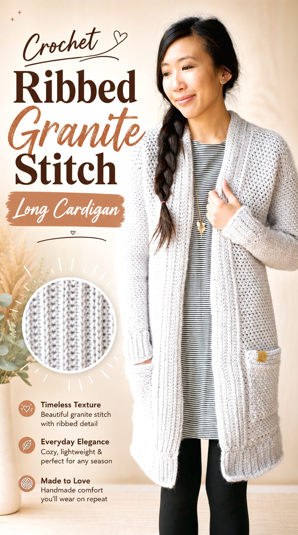 Crochet Ribbed Granite Stitch Long Cardigan