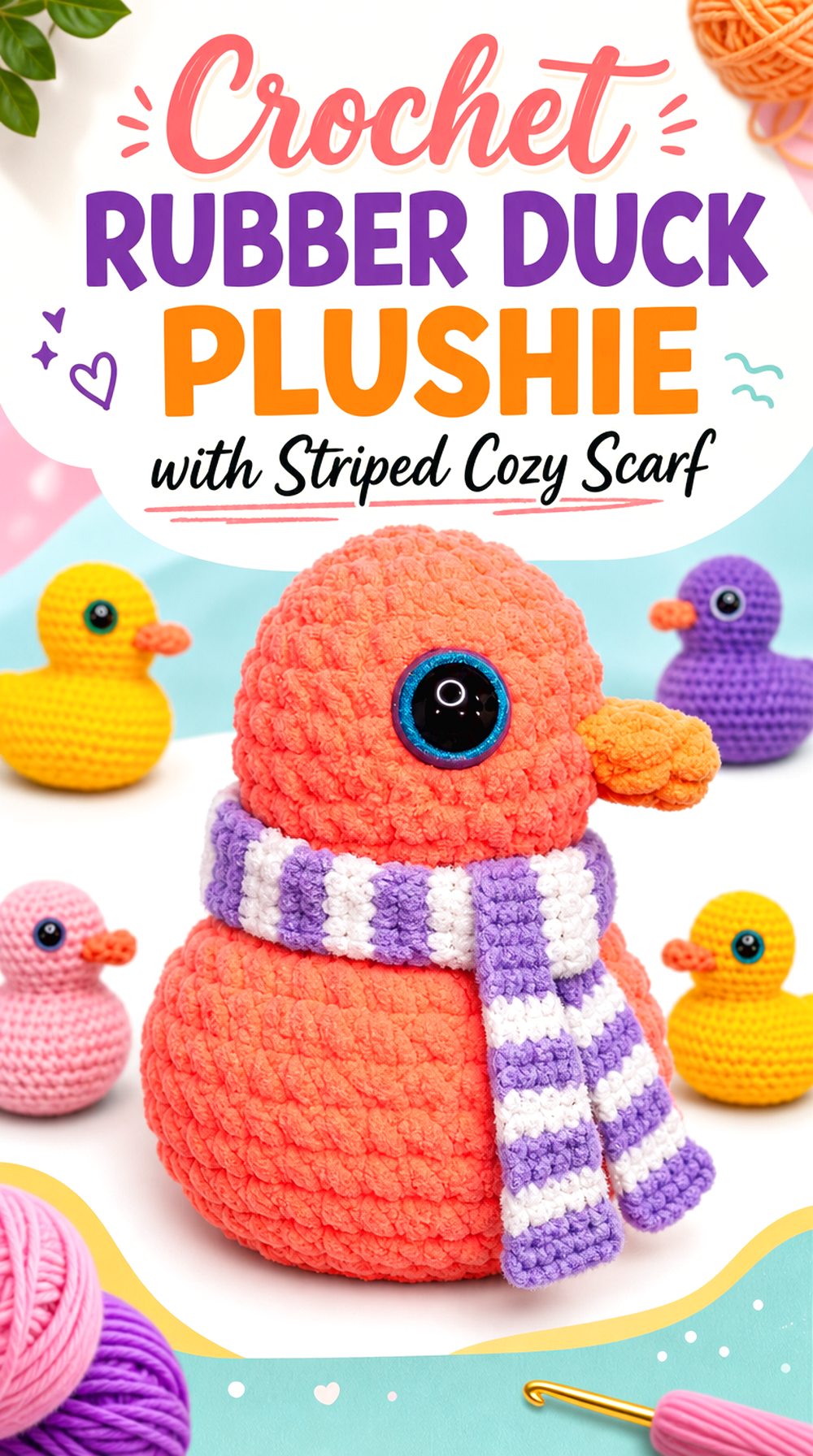 Crochet Rubber Duck Plushie with Striped Cozy Scarf