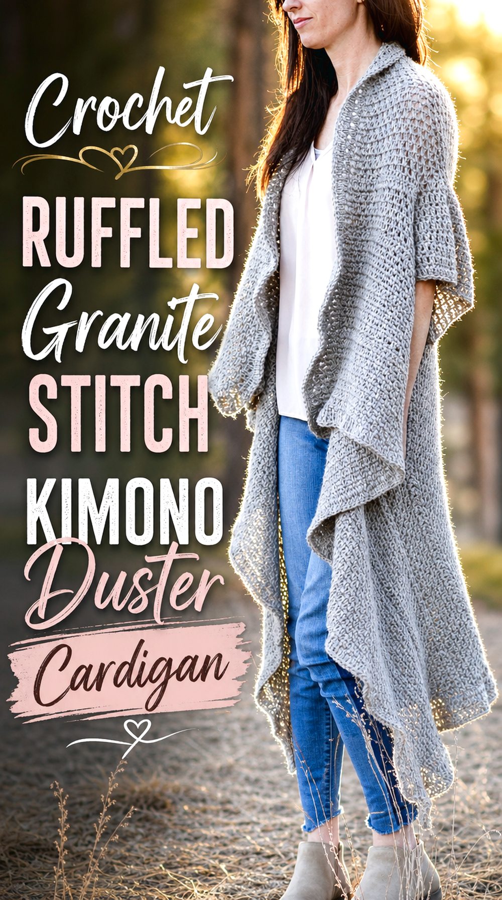 Crochet Ruffled Granite Stitch Kimono Duster Cardigan