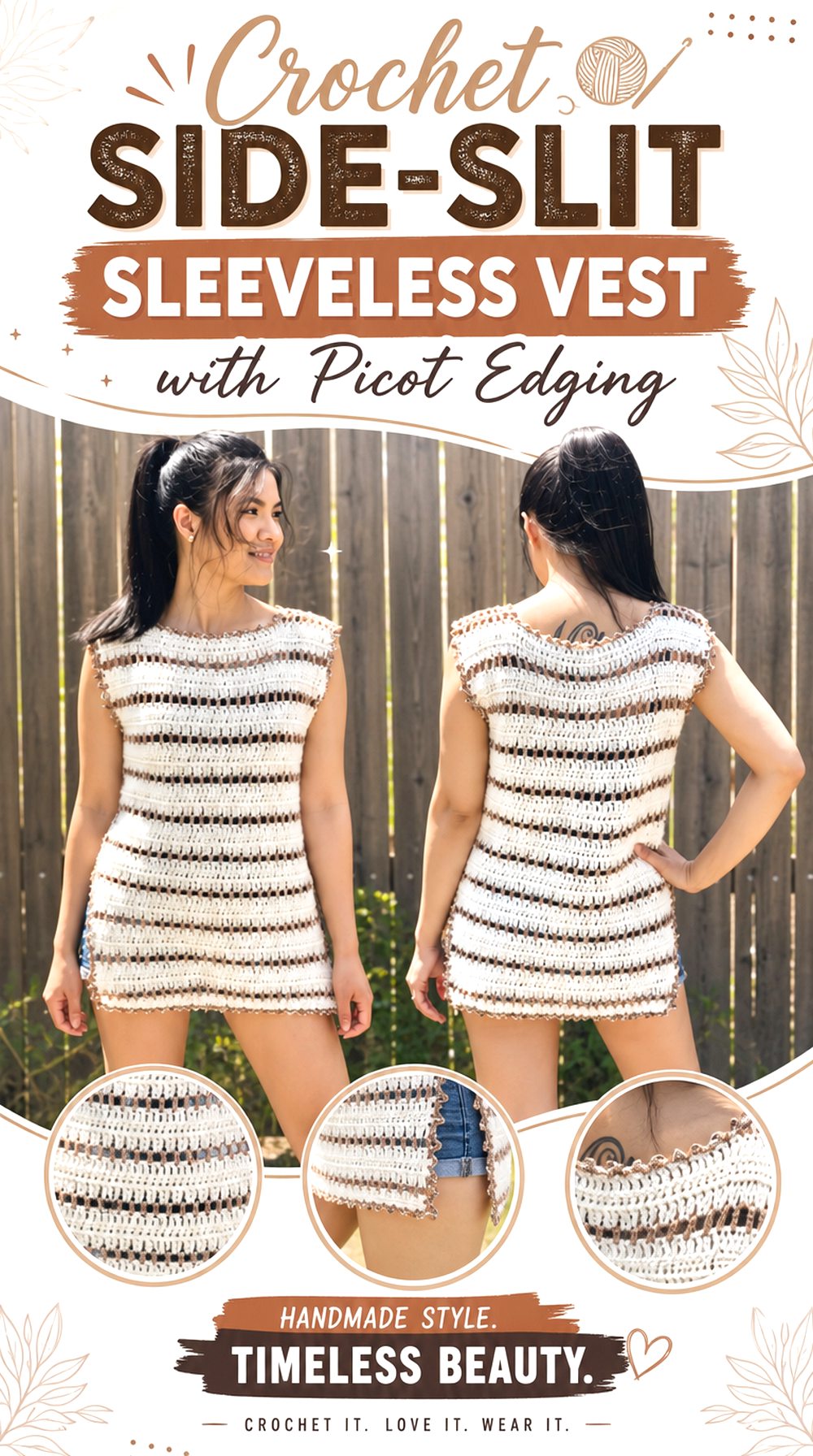 Crochet Side Slit Sleeveless Vest with Picot Edging