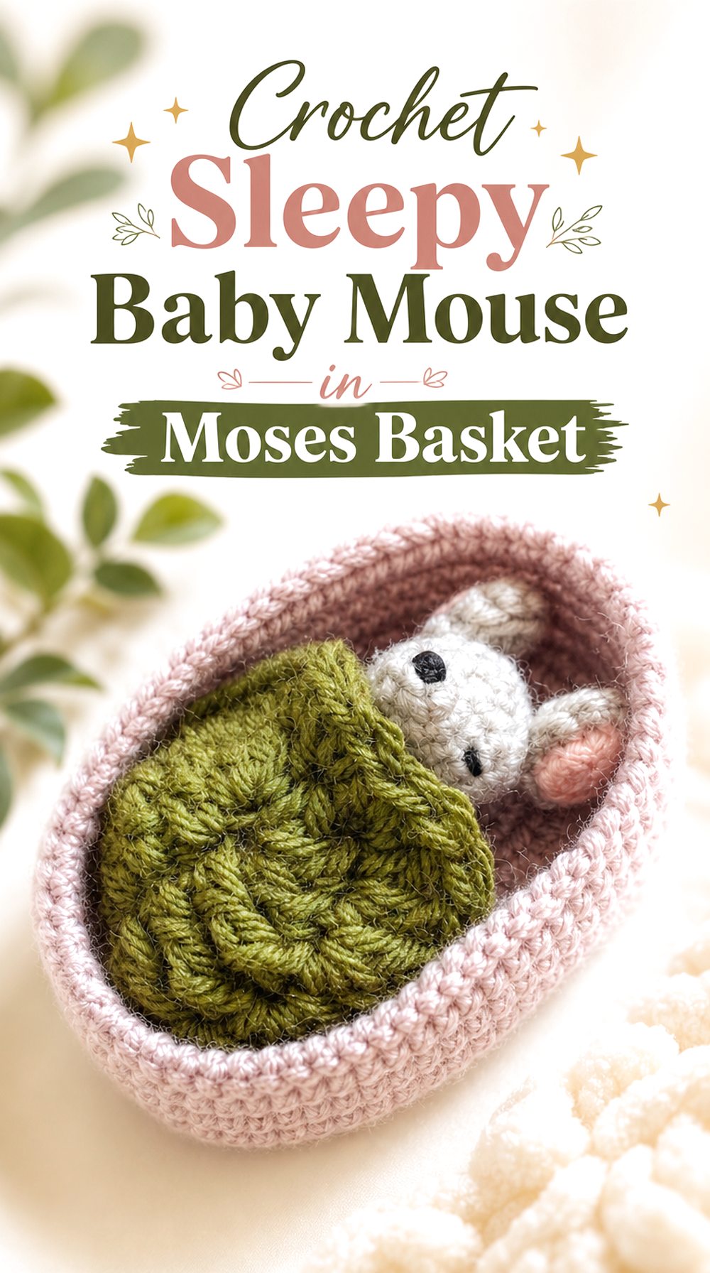 Crochet Sleepy Baby Mouse in Moses Basket