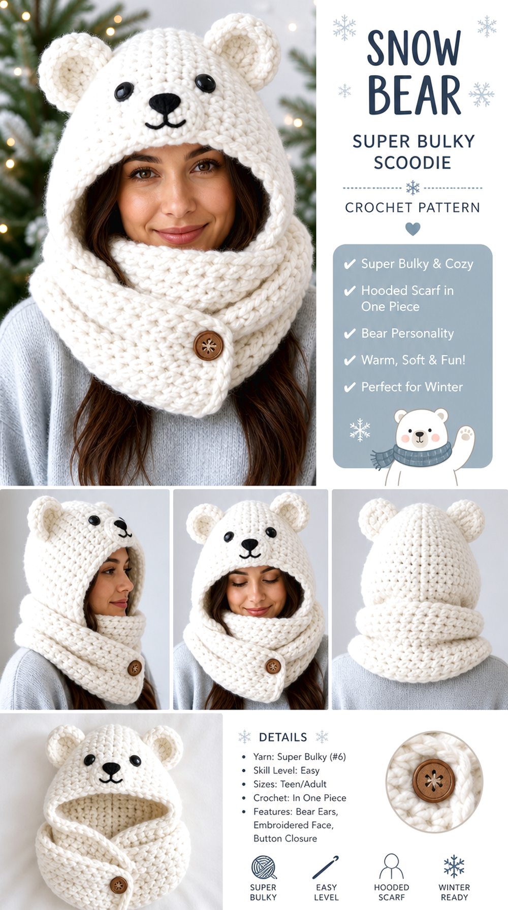 Crochet Snow Bear Super Bulky Scoodie