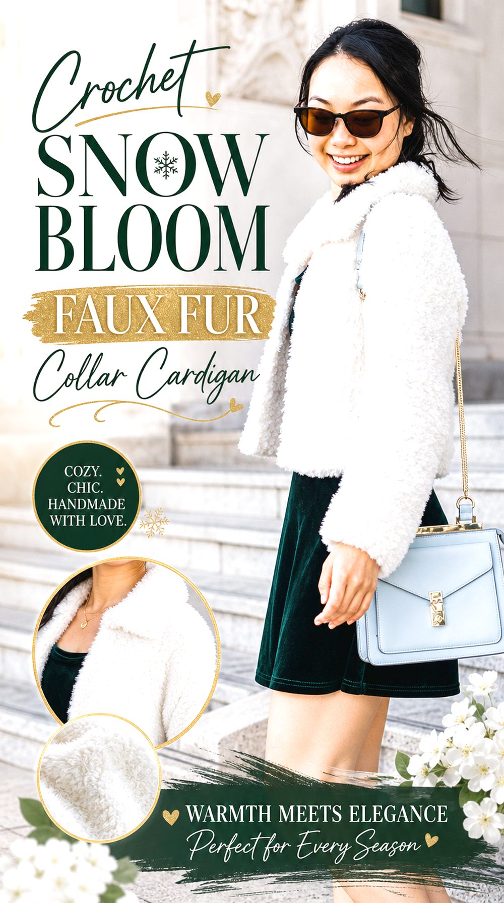 Crochet Snow Bloom Faux Fur Collar Cardigan