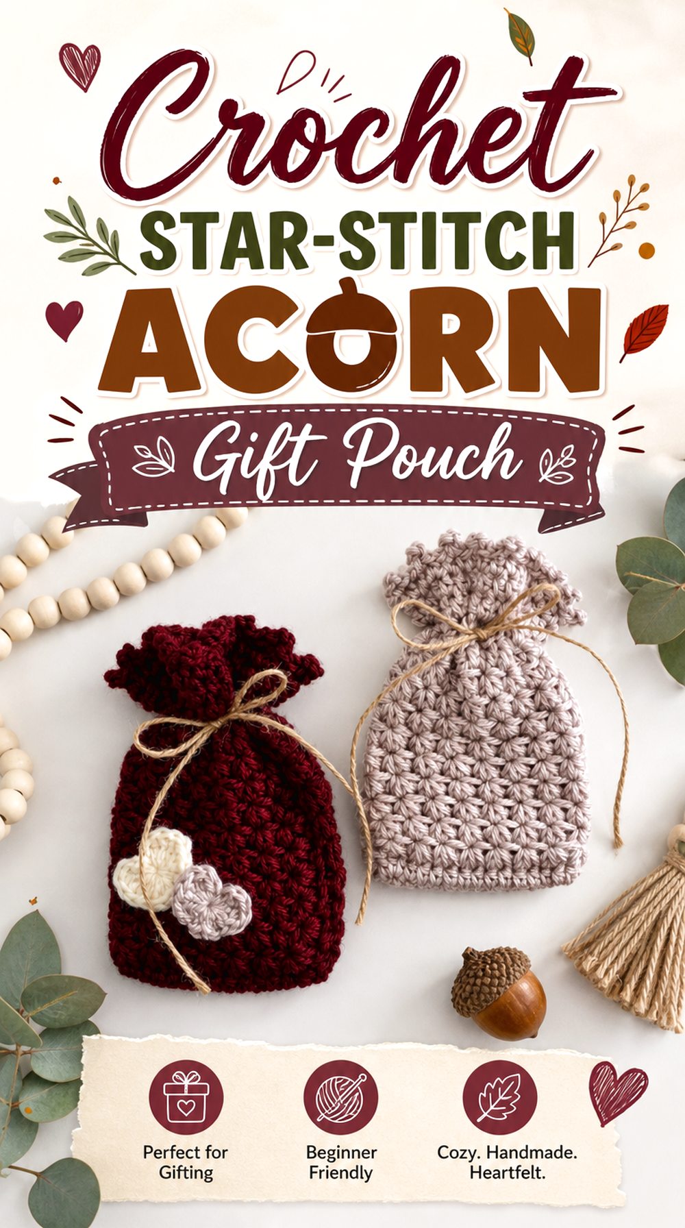 Crochet Star Stitch Acorn Gift Pouch