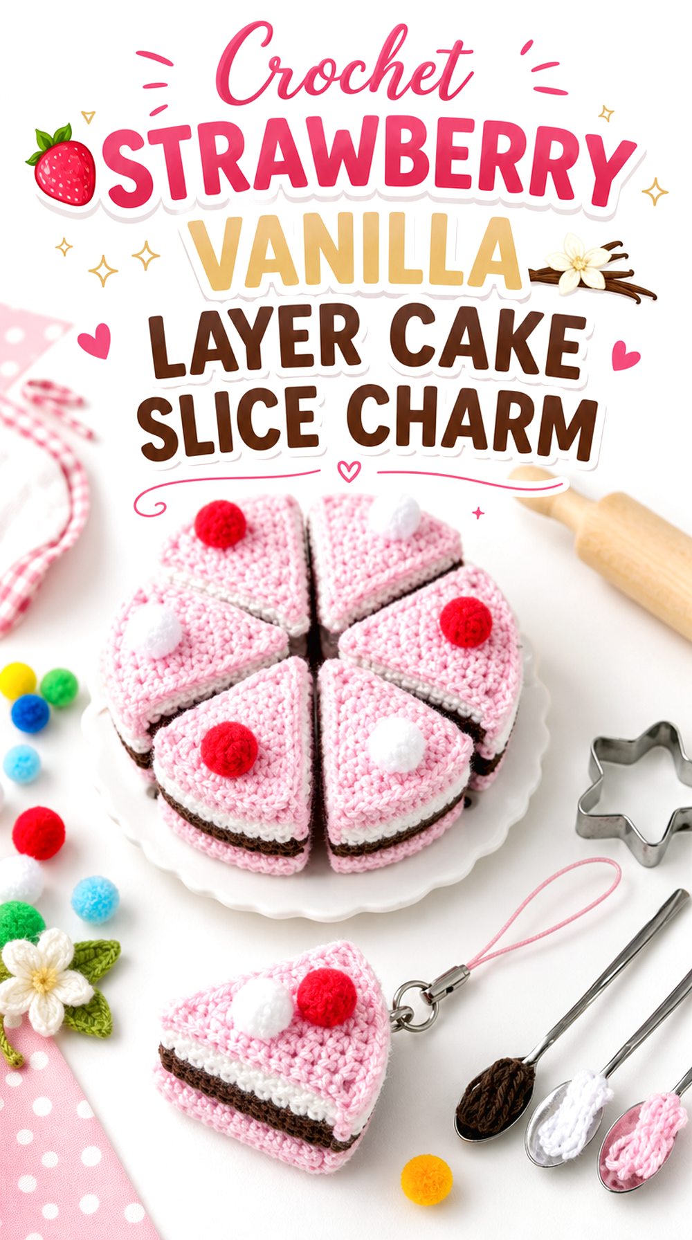 Crochet Strawberry Vanilla Layer Cake Slice Charm