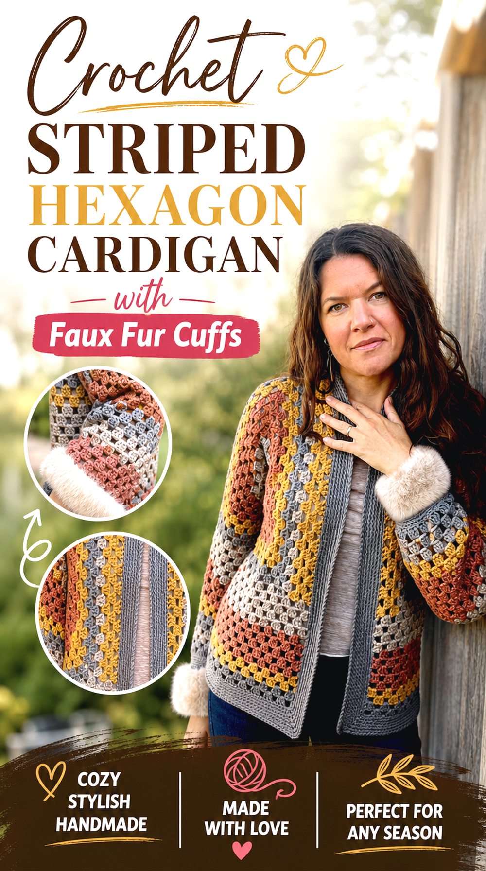 Crochet Striped Hexagon Cardigan with Faux Fur Cuffs