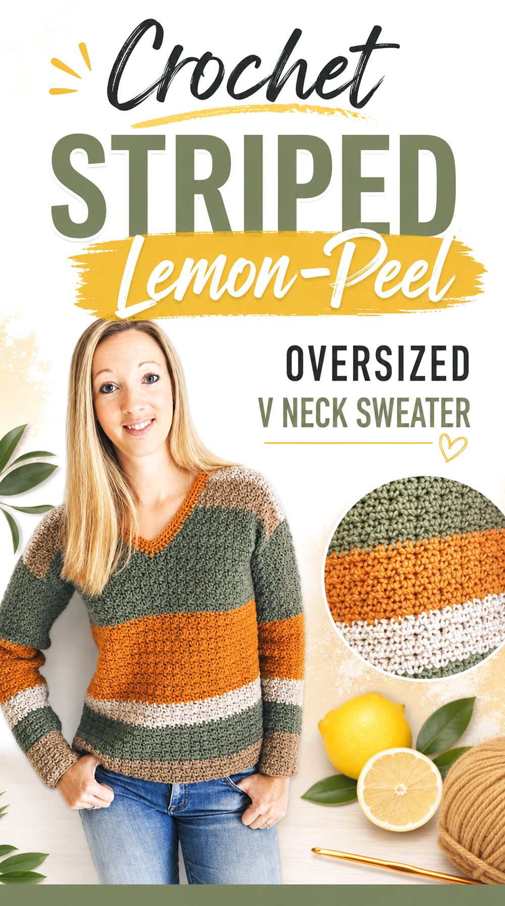 Crochet Striped Lemon Peel Oversized V Neck Sweater