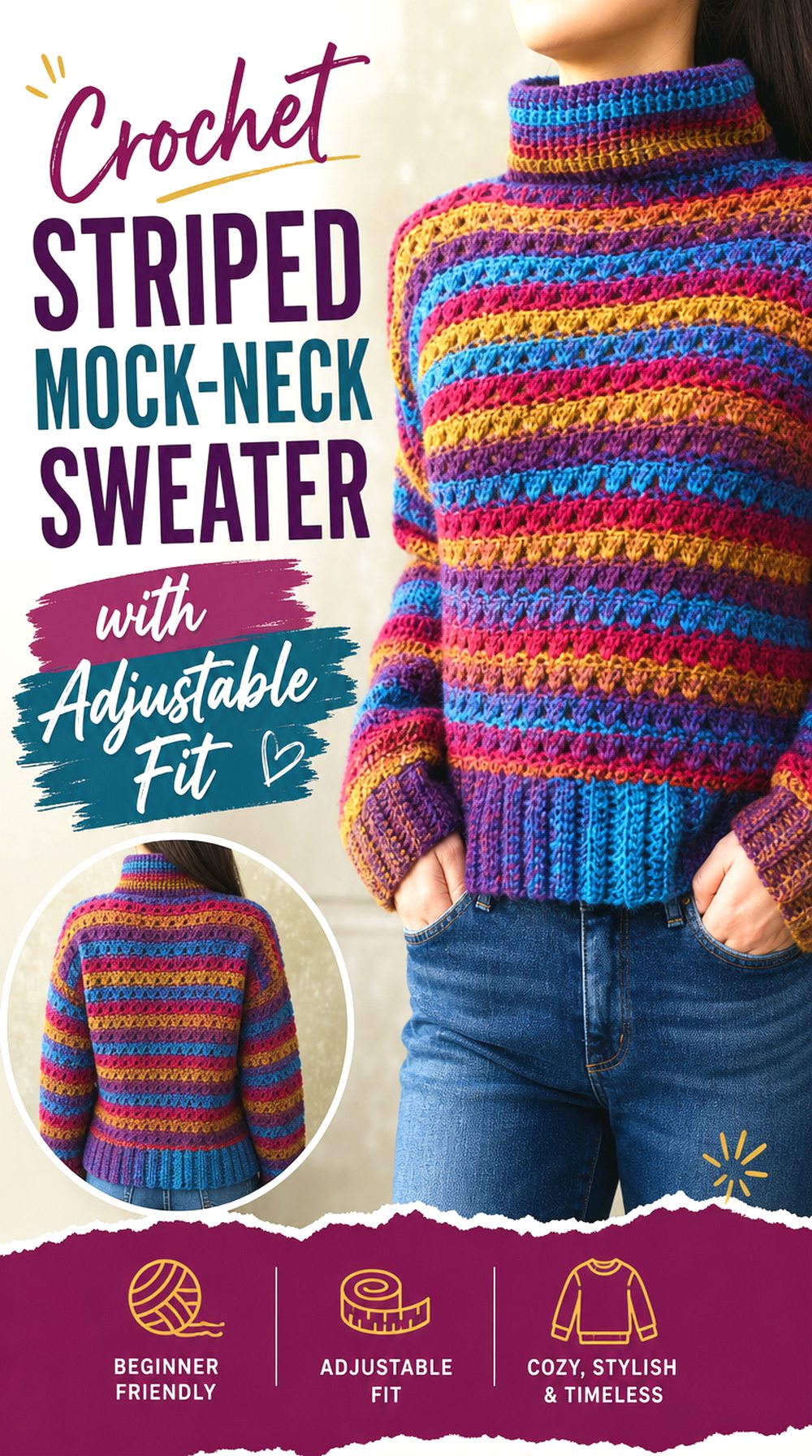 Crochet Striped Mock Neck Sweater with Adjustable Fit