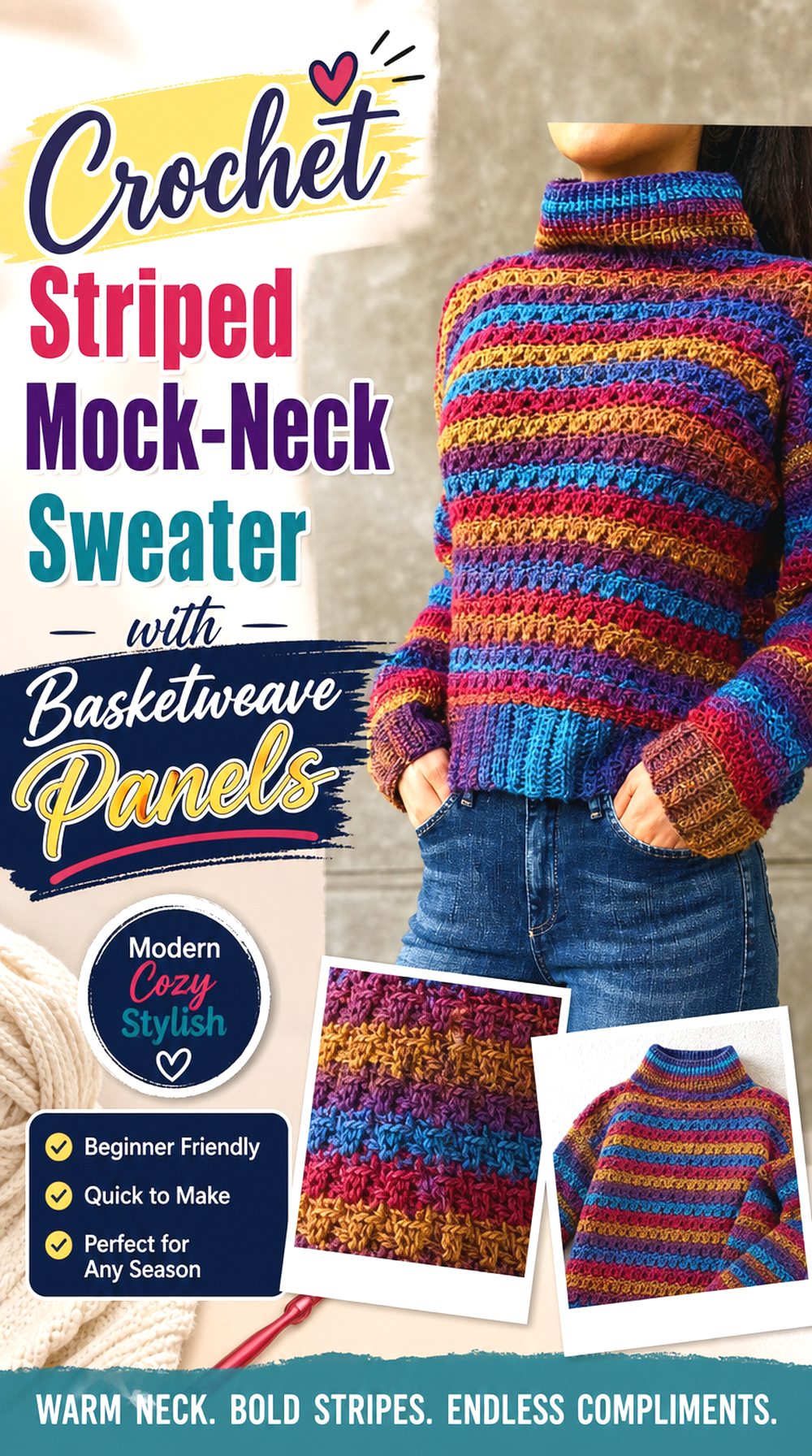 Crochet Striped Mock Neck Sweater with Basketweave Panels