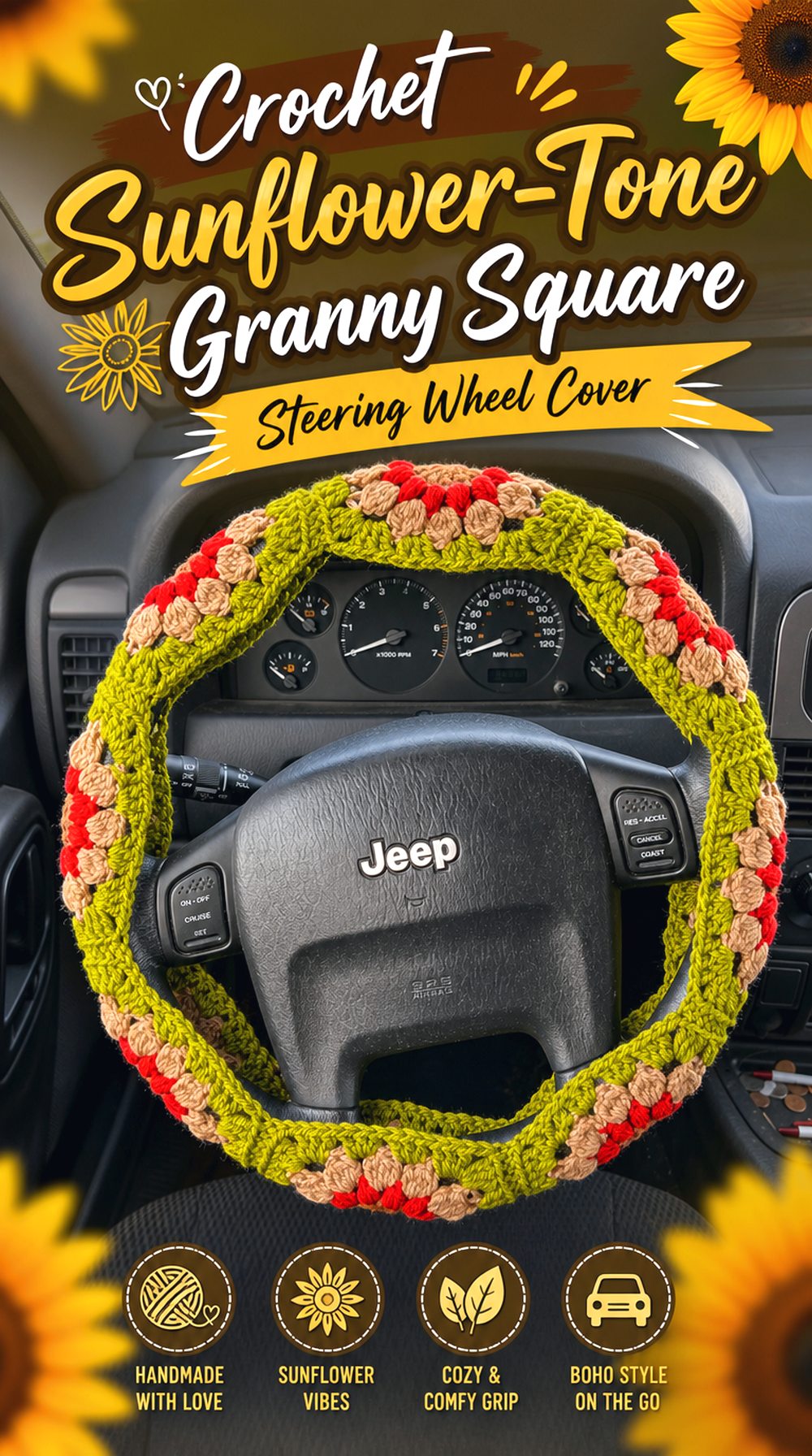 Crochet Sunflower Tone Granny Square Steering Wheel Cover