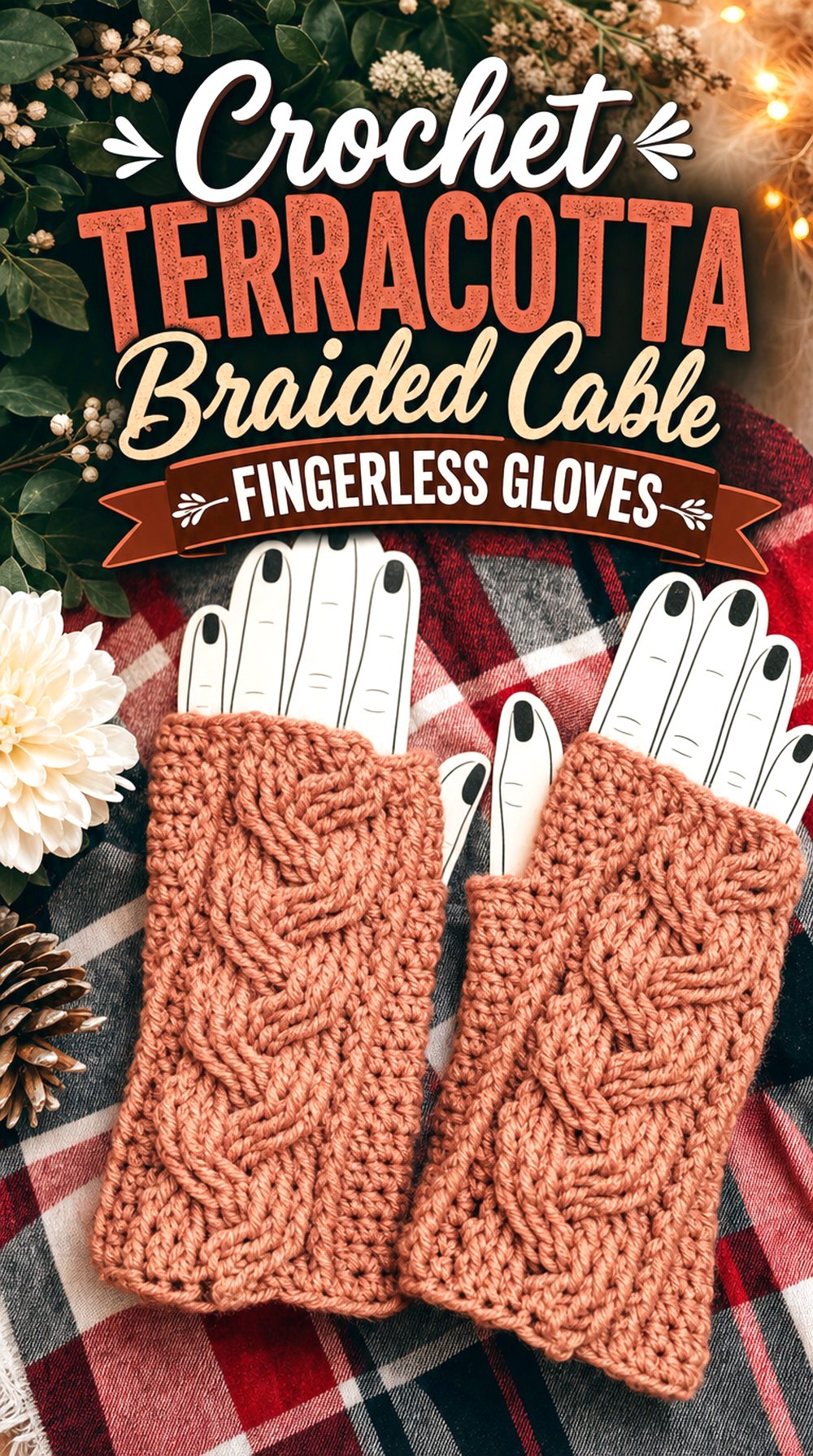 Crochet Terracotta Braided Cable Fingerless Gloves