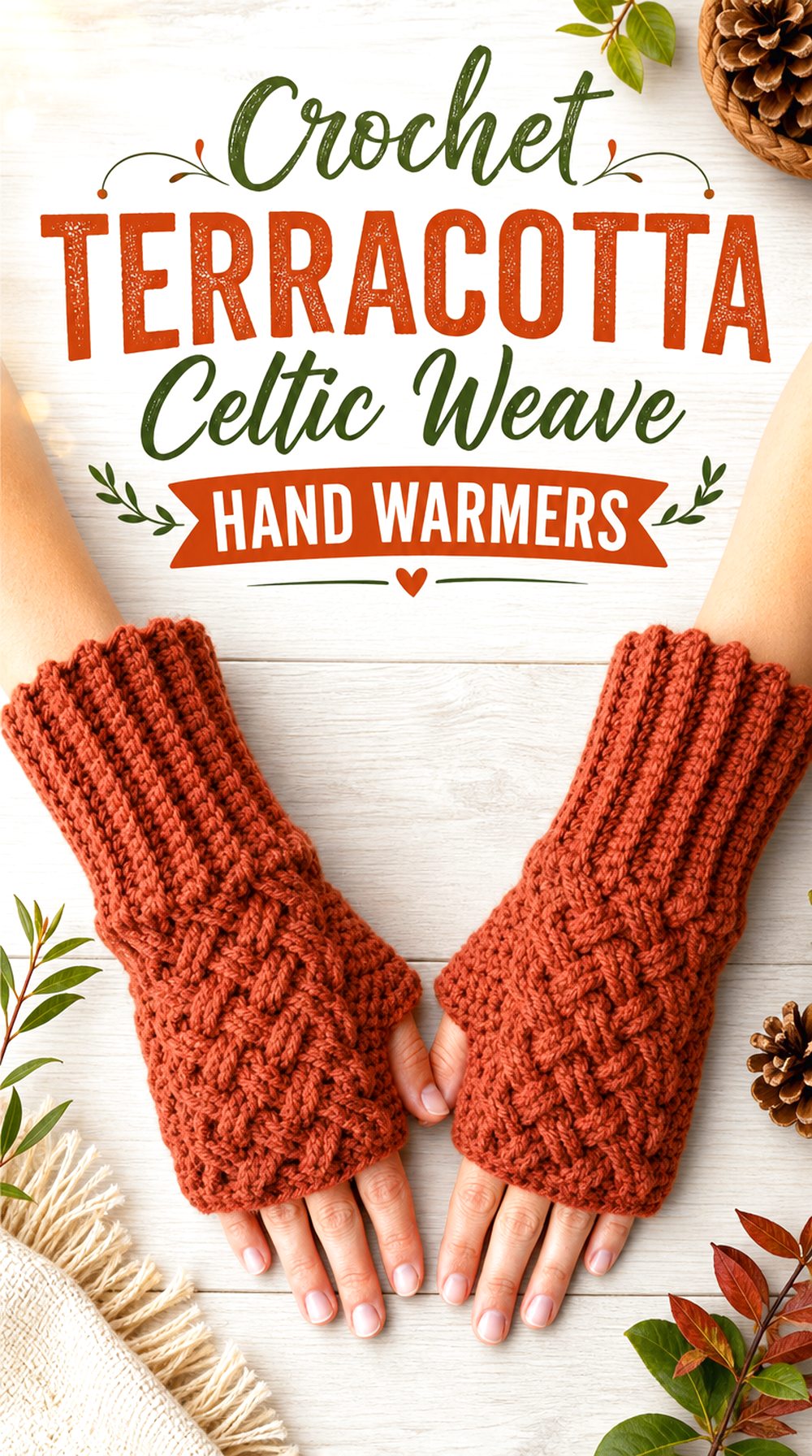 Crochet Terracotta Celtic Weave Hand Warmers