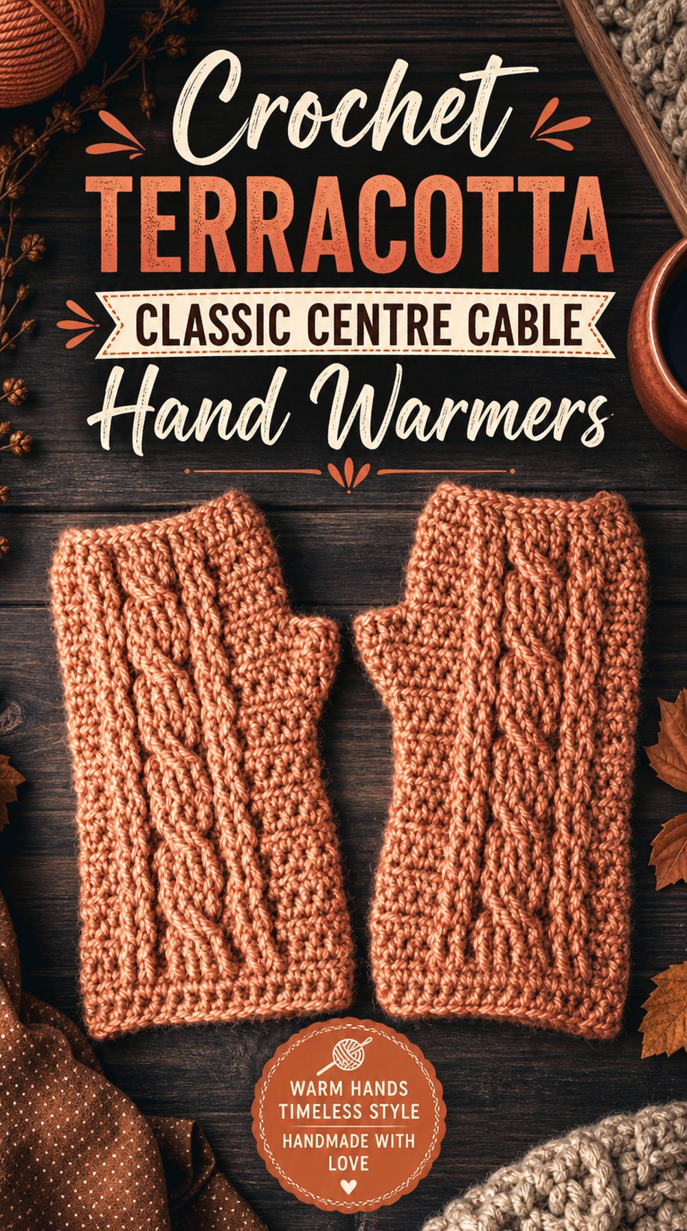 Crochet Terracotta Classic Centre Cable Hand Warmers
