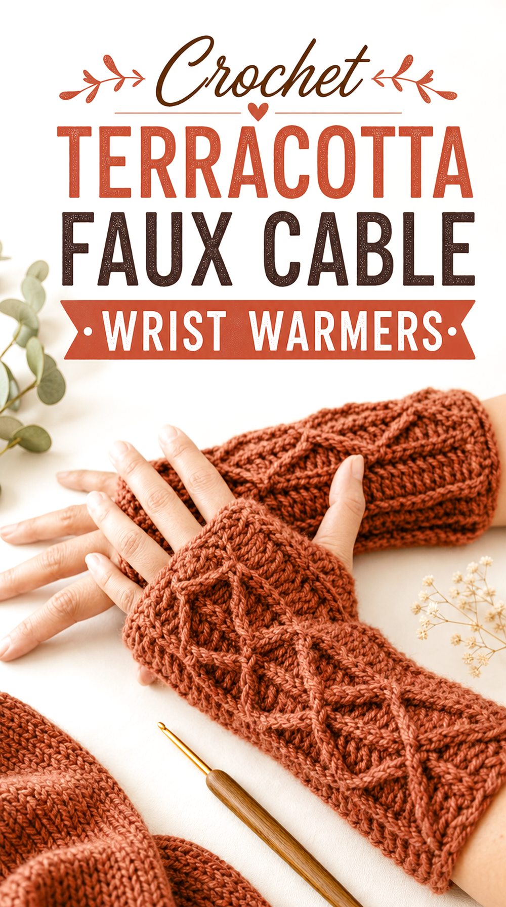 Crochet Terracotta Faux Cable Wrist Warmers