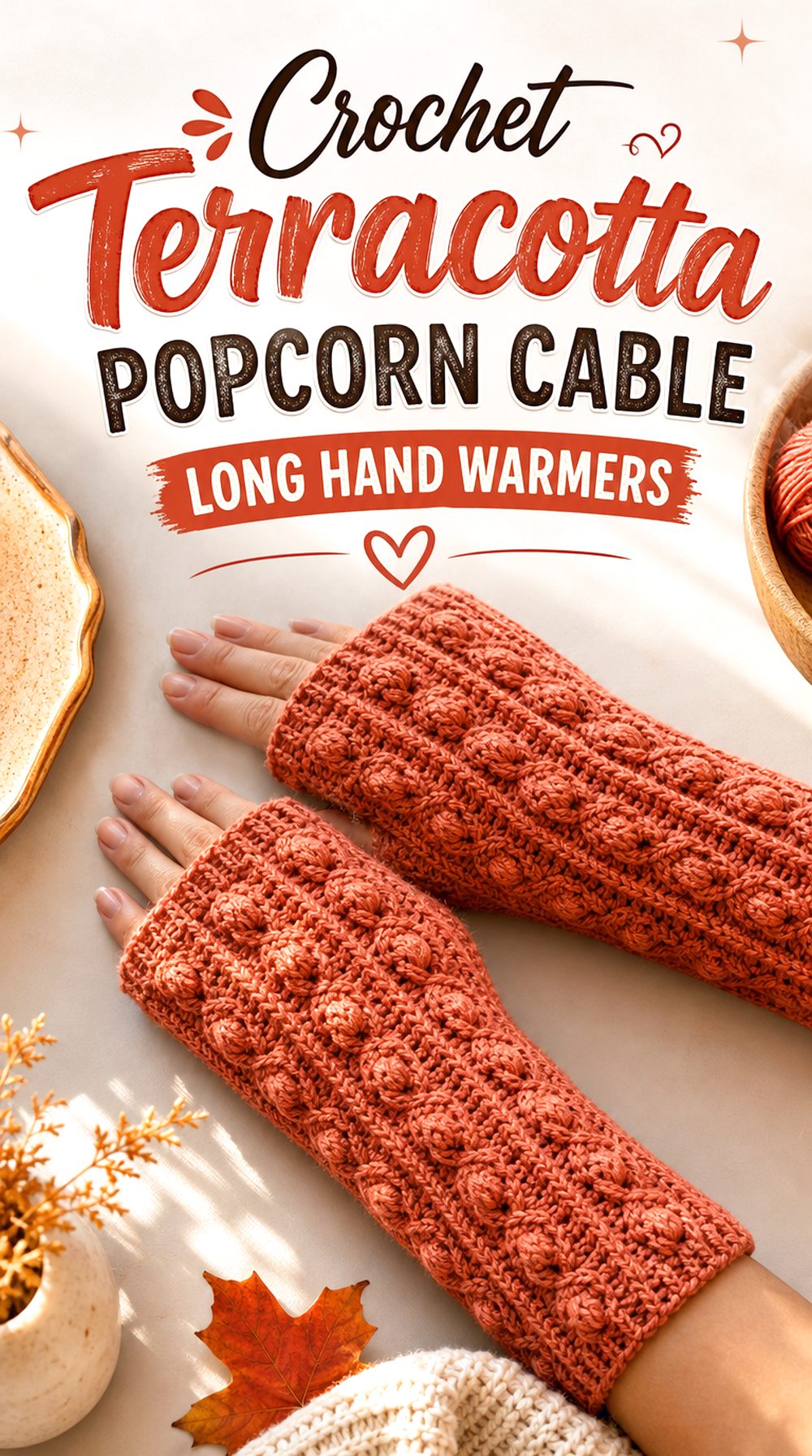 Crochet Terracotta Popcorn Cable Long Hand Warmers
