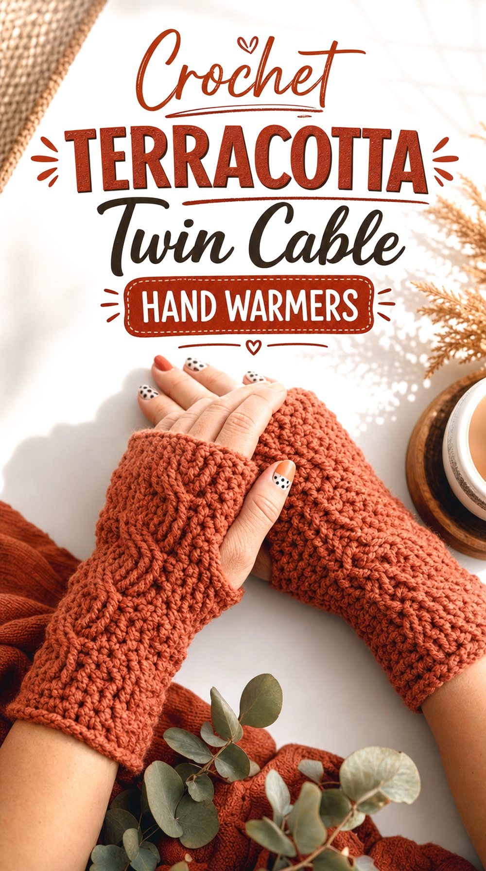 Crochet Terracotta Twin Cable Hand Warmers