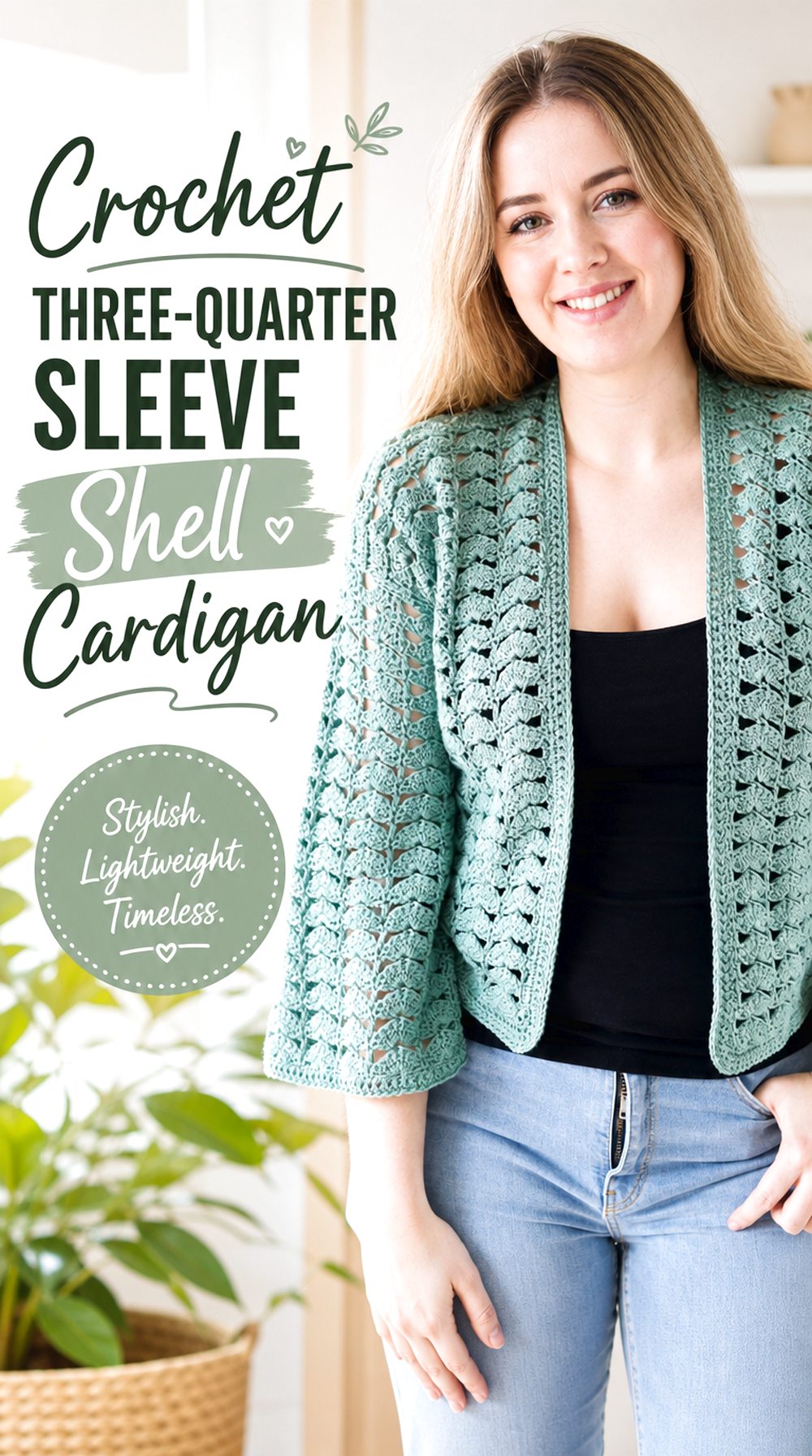 Crochet Three Quarter Sleeve Shell Cardigan