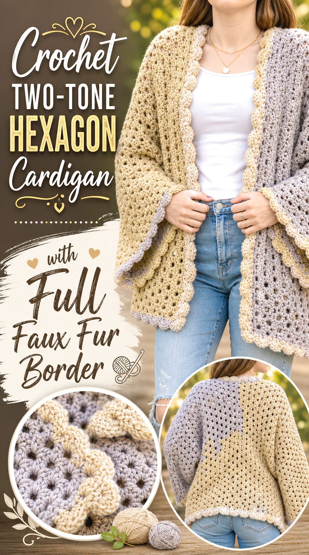 Crochet Two Tone Hexagon Cardigan with Full Faux Fur Border